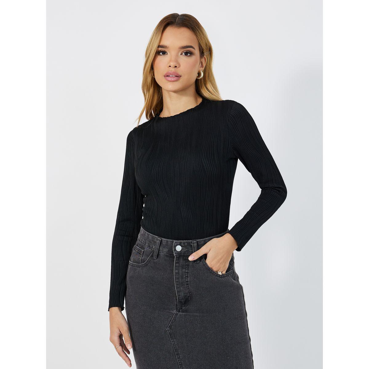 Styli Textured Round Neck Long Sleeved Bodysuit-women-clothing-tshirts-image-3