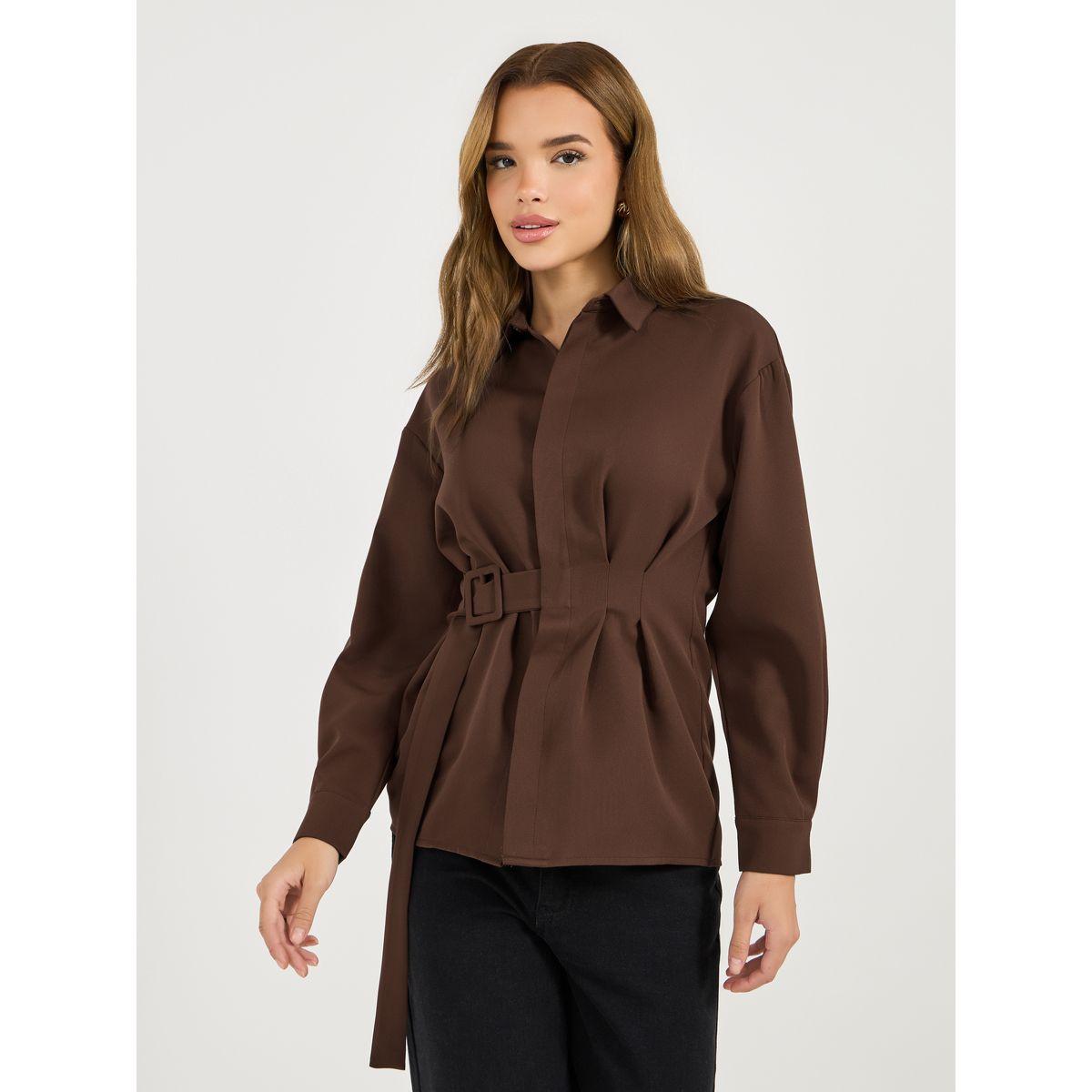 بلوزة طويلة سادة مزينة برباط جانبي-women-clothing-shirtsandblouses-shirts-image-1