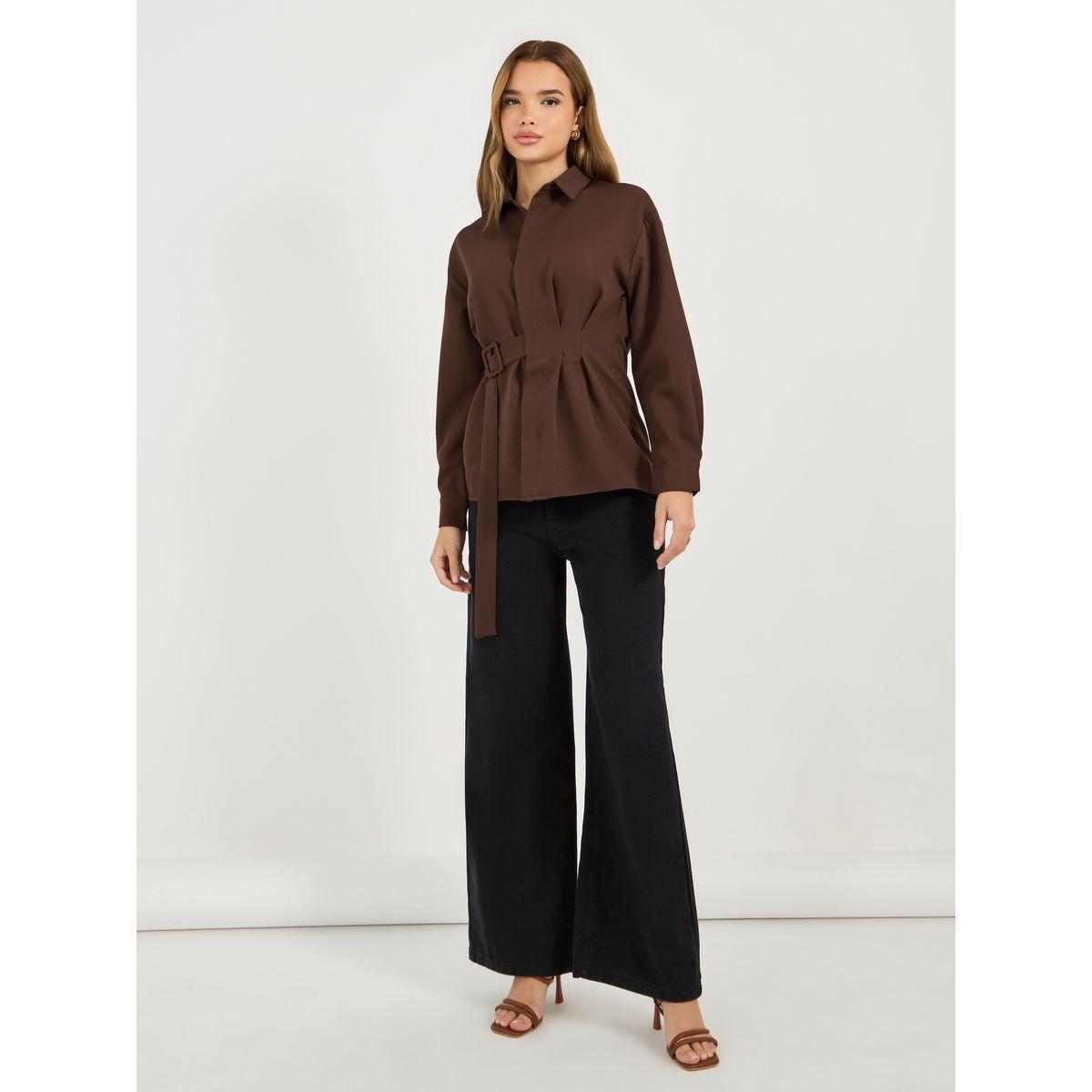Styli Solid Longline Shirt with Side Belt Detail-women-clothing-shirtsandblouses-shirts-image-2
