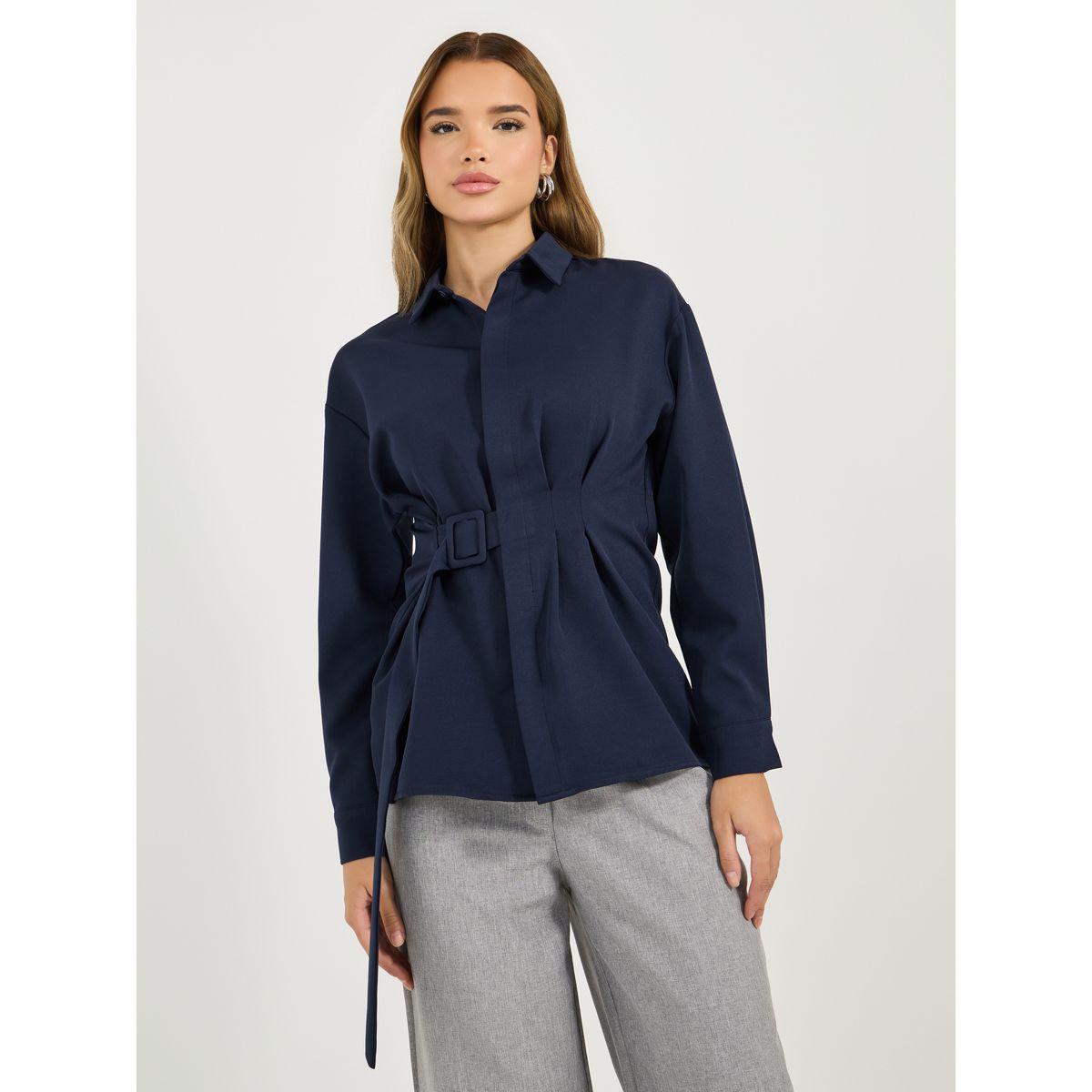 Styli Solid Longline Shirt with Side Belt Detail-women-clothing-shirtsandblouses-shirts-image-1