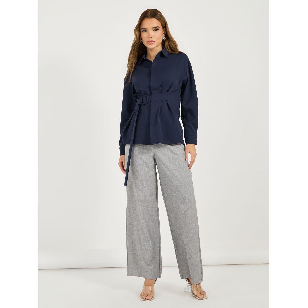 Styli Solid Longline Shirt with Side Belt Detail-women-clothing-shirtsandblouses-shirts-image-2