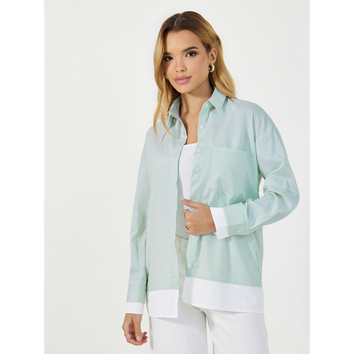 بلوزة مخططة بقصة عادية وحافة بتفاصيل مُتباينة-women-clothing-shirtsandblouses-shirts-image-1