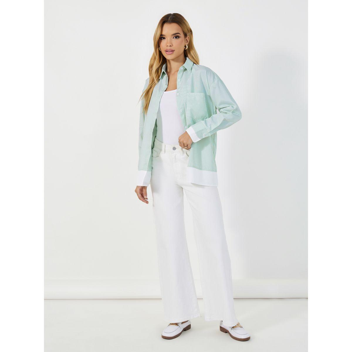 بلوزة مخططة بقصة عادية وحافة بتفاصيل مُتباينة-women-clothing-shirtsandblouses-shirts-image-2