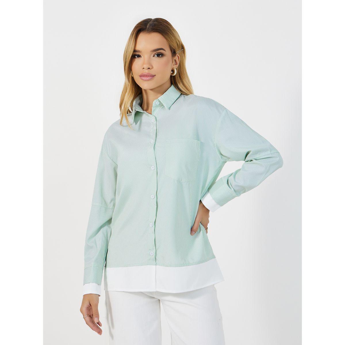 بلوزة مخططة بقصة عادية وحافة بتفاصيل مُتباينة-women-clothing-shirtsandblouses-shirts-image-3