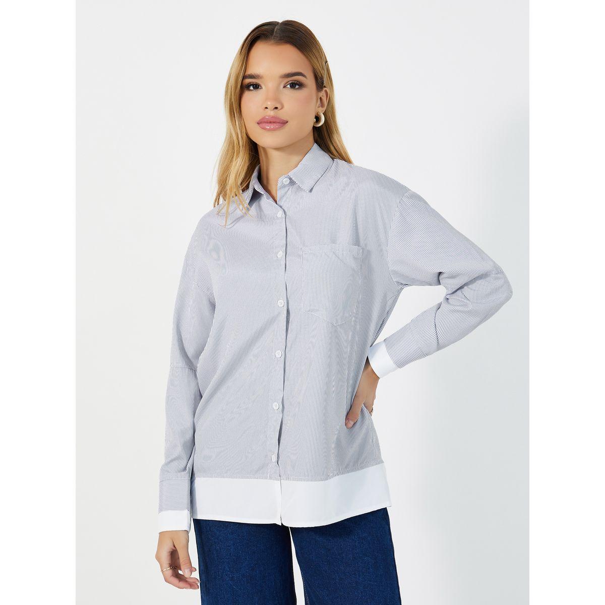 Styli Striped Collared Shirt with Contrast Detail at The Bottom-women-clothing-shirtsandblouses-shirts-image-1