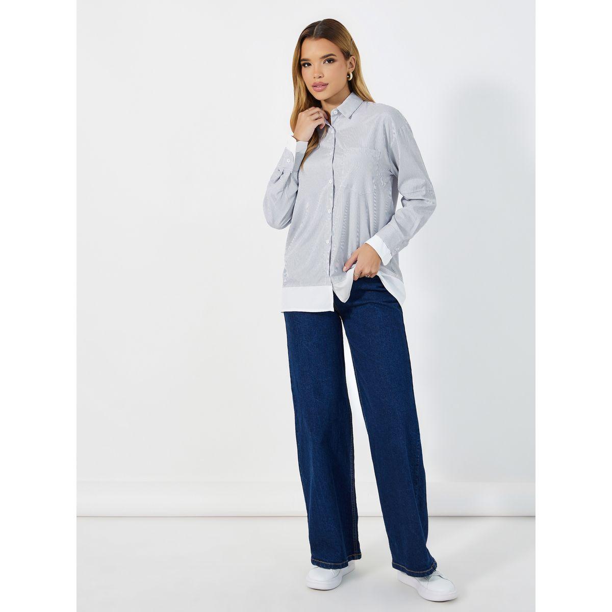بلوزة مخططة مع حواف بتفاصيل مُتباينة-women-clothing-shirtsandblouses-shirts-image-2
