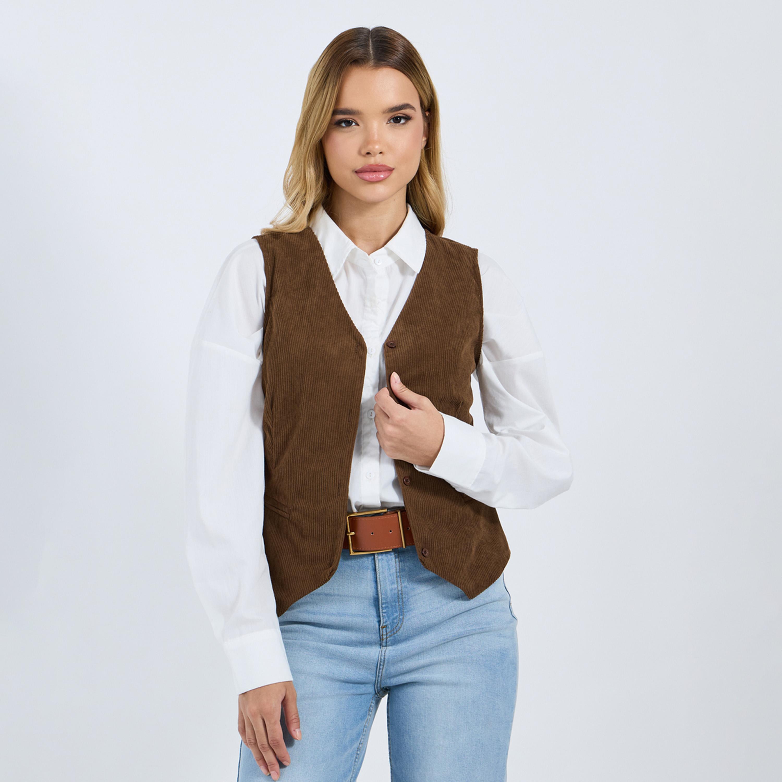 ستايلي - سترة نسائية كوردروي بني بدون أكمام بقصّة عادية-women-clothing-coatsandjackets-waistcoats-image-1