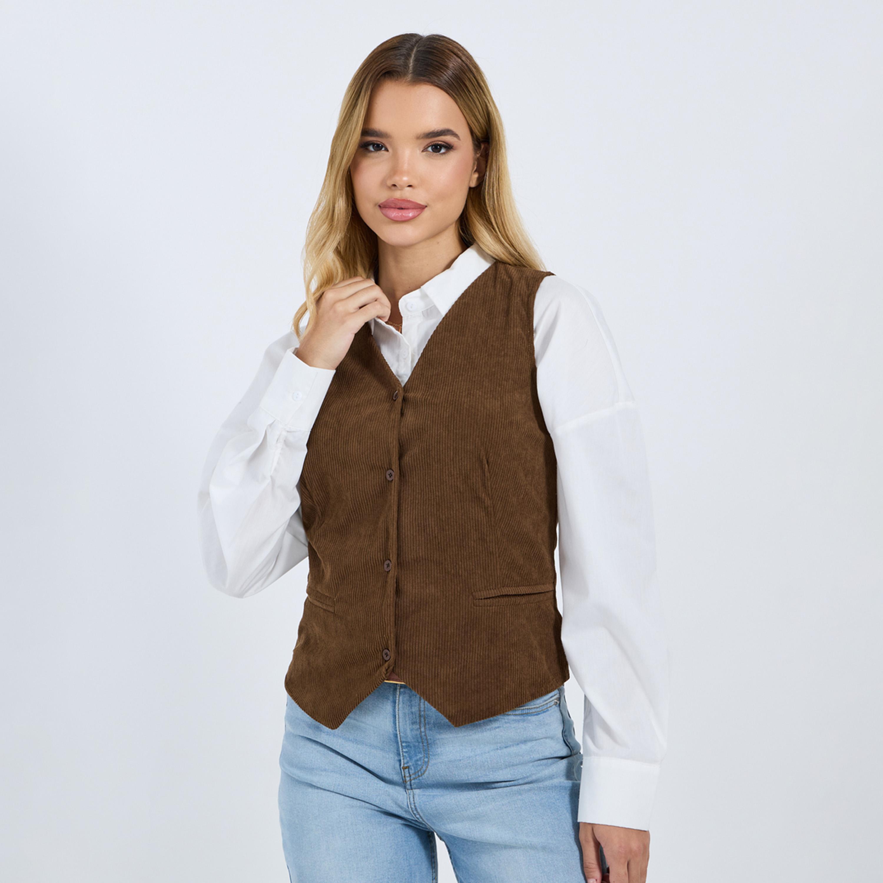 ستايلي - سترة نسائية كوردروي بني بدون أكمام بقصّة عادية-women-clothing-coatsandjackets-waistcoats-image-3