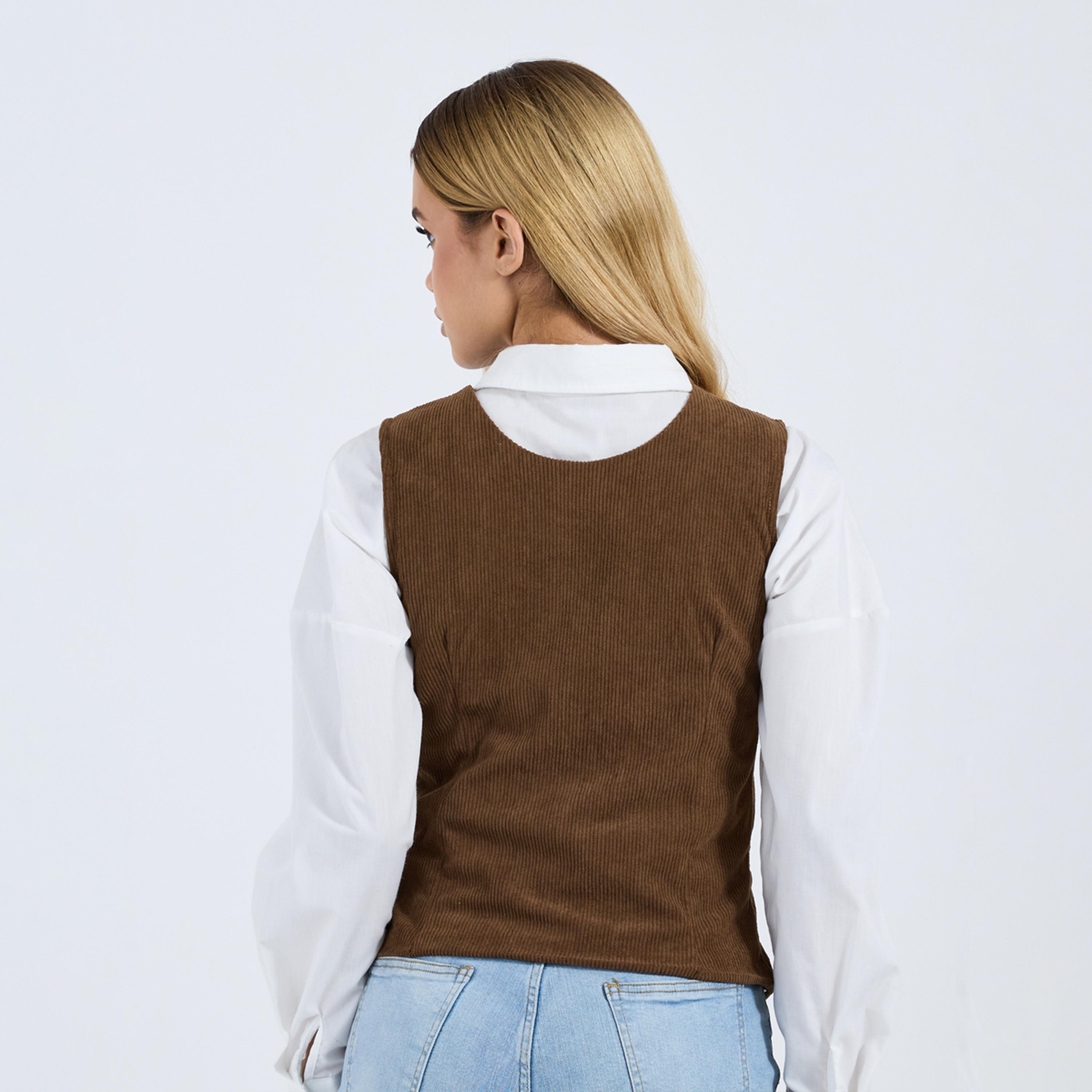 ستايلي - سترة نسائية كوردروي بني بدون أكمام بقصّة عادية-women-clothing-coatsandjackets-waistcoats-image-5