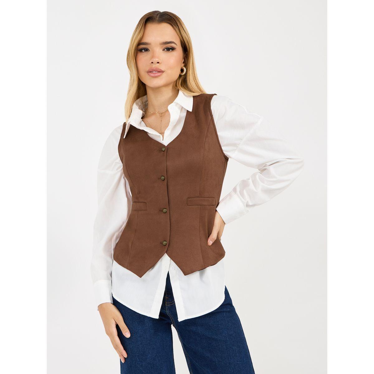 Styli Suede Look Waistcoat with Buttons-women-clothing-coatsandjackets-waistcoats-image-1