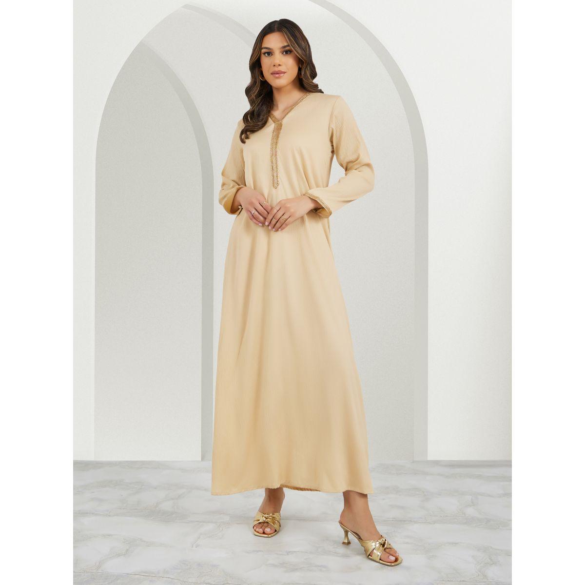Texture V-Neck A-Line Jalabiya with Lace Detail-women-arabicclothing-jalabiyas-image-1