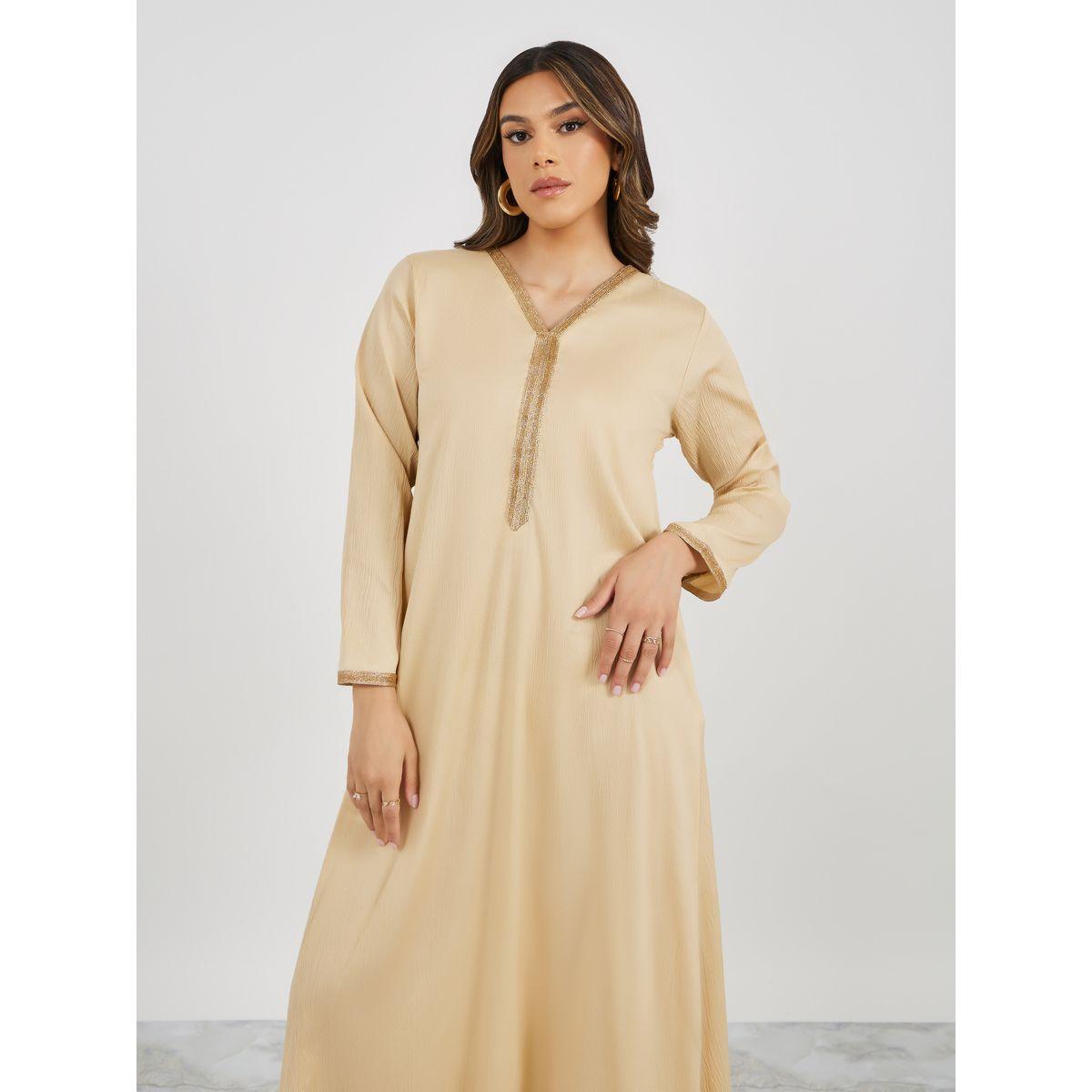 Texture V-Neck A-Line Jalabiya with Lace Detail-women-arabicclothing-jalabiyas-image-2