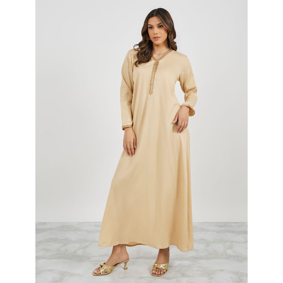 جلابية على شكل حرف V على شكل حرف V مع تفاصيل من الدانتيل-women-arabicclothing-jalabiyas-image-4