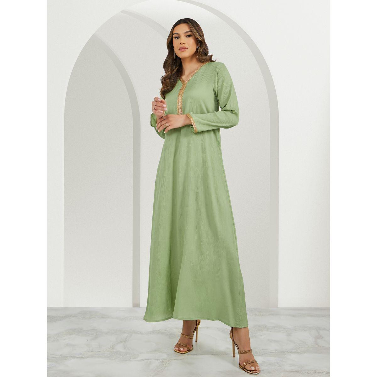 Texture V-Neck Jalabiya with Lace Trims Detail-women-arabicclothing-jalabiyas-image-1