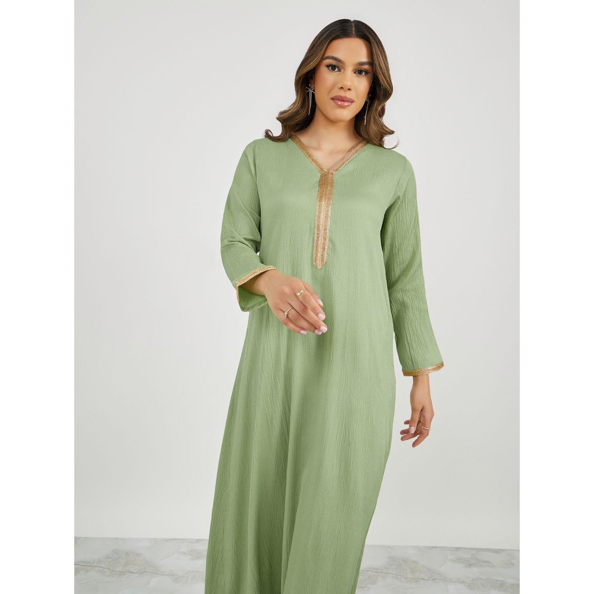 Texture V-Neck Jalabiya with Lace Trims Detail-women-arabicclothing-jalabiyas-image-2