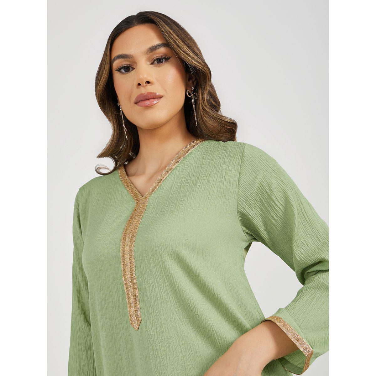 Texture V-Neck Jalabiya with Lace Trims Detail-women-arabicclothing-jalabiyas-image-5