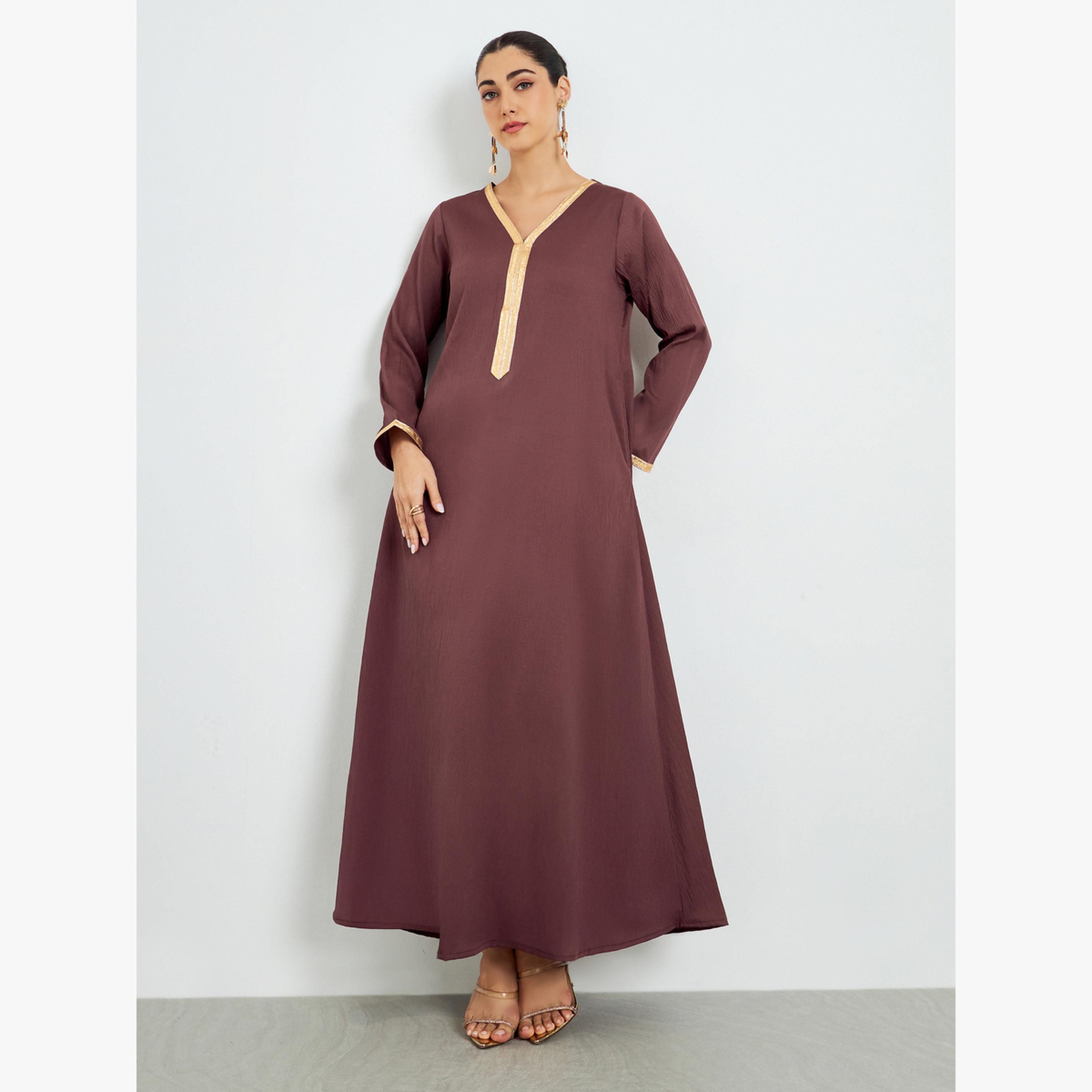 Styli Brown Textured Jalabiya with Lace Trim-women-arabicclothing-jalabiyas-image-1