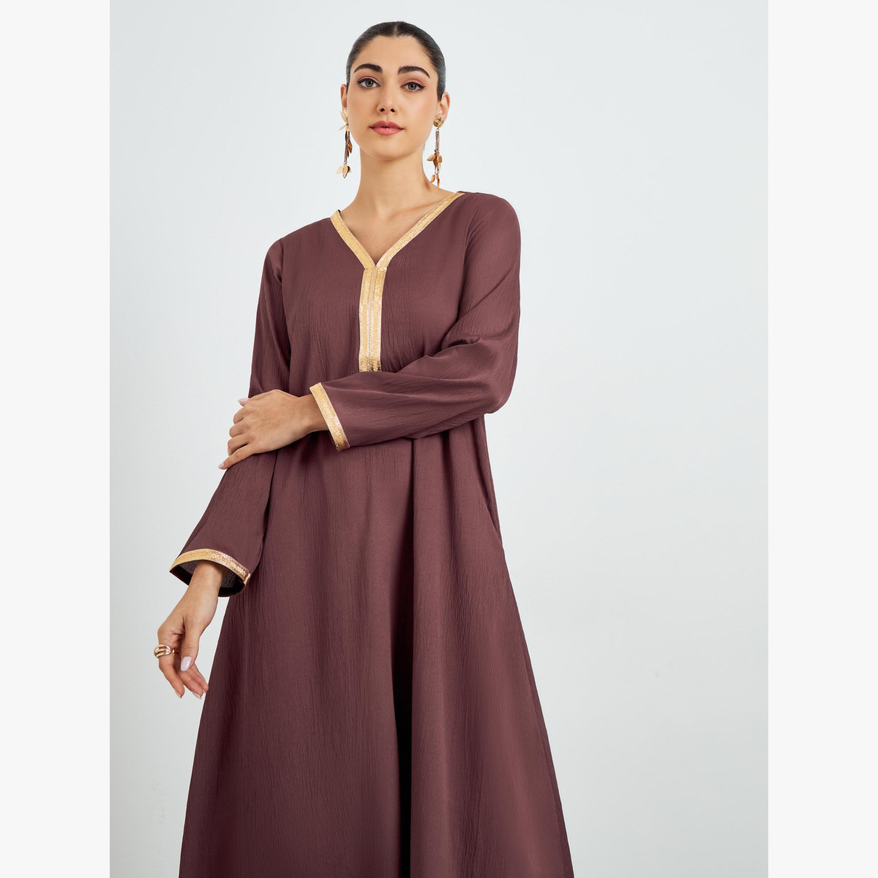 Styli Brown Textured Jalabiya with Lace Trim-women-arabicclothing-jalabiyas-image-2