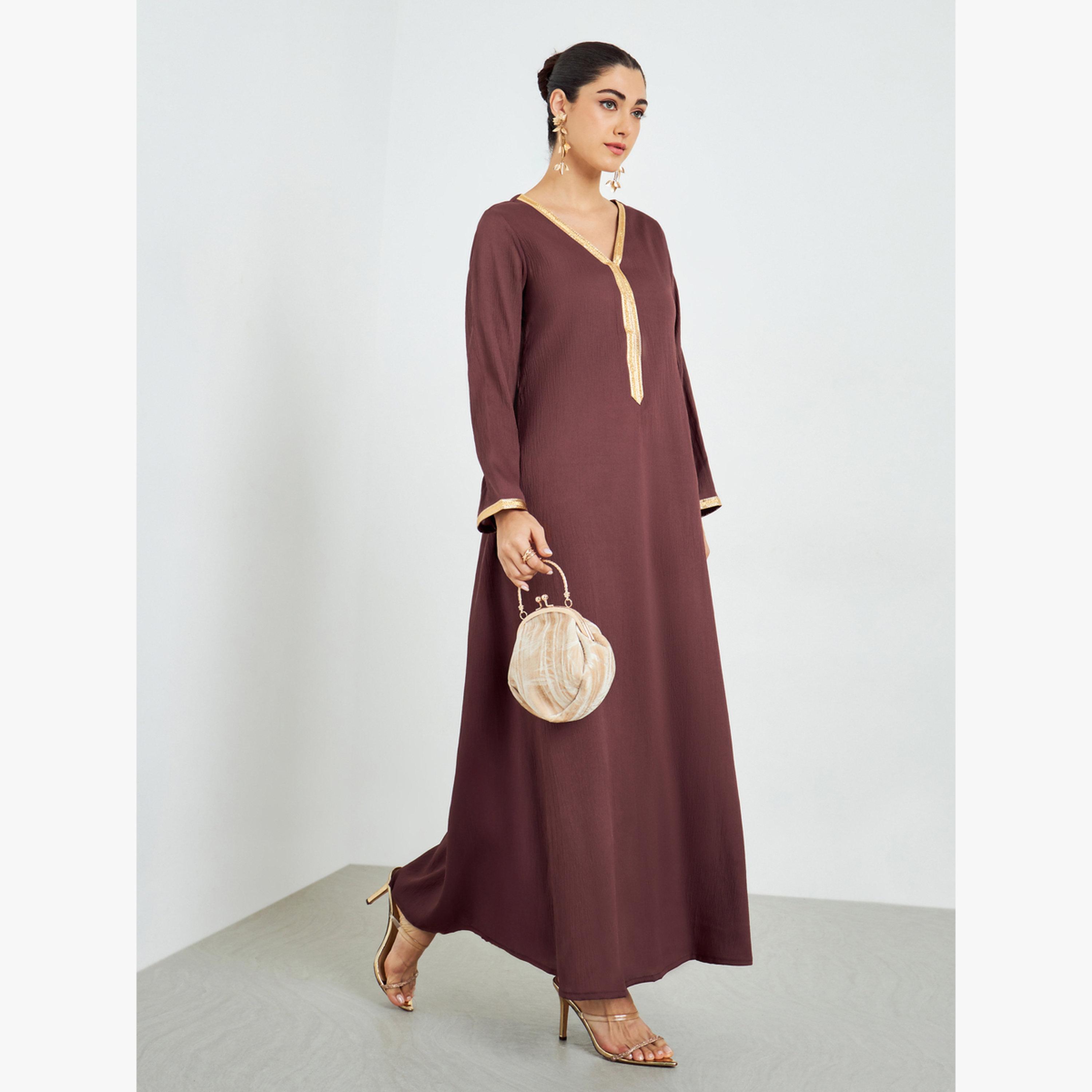 Styli Brown Textured Jalabiya with Lace Trim-women-arabicclothing-jalabiyas-image-3