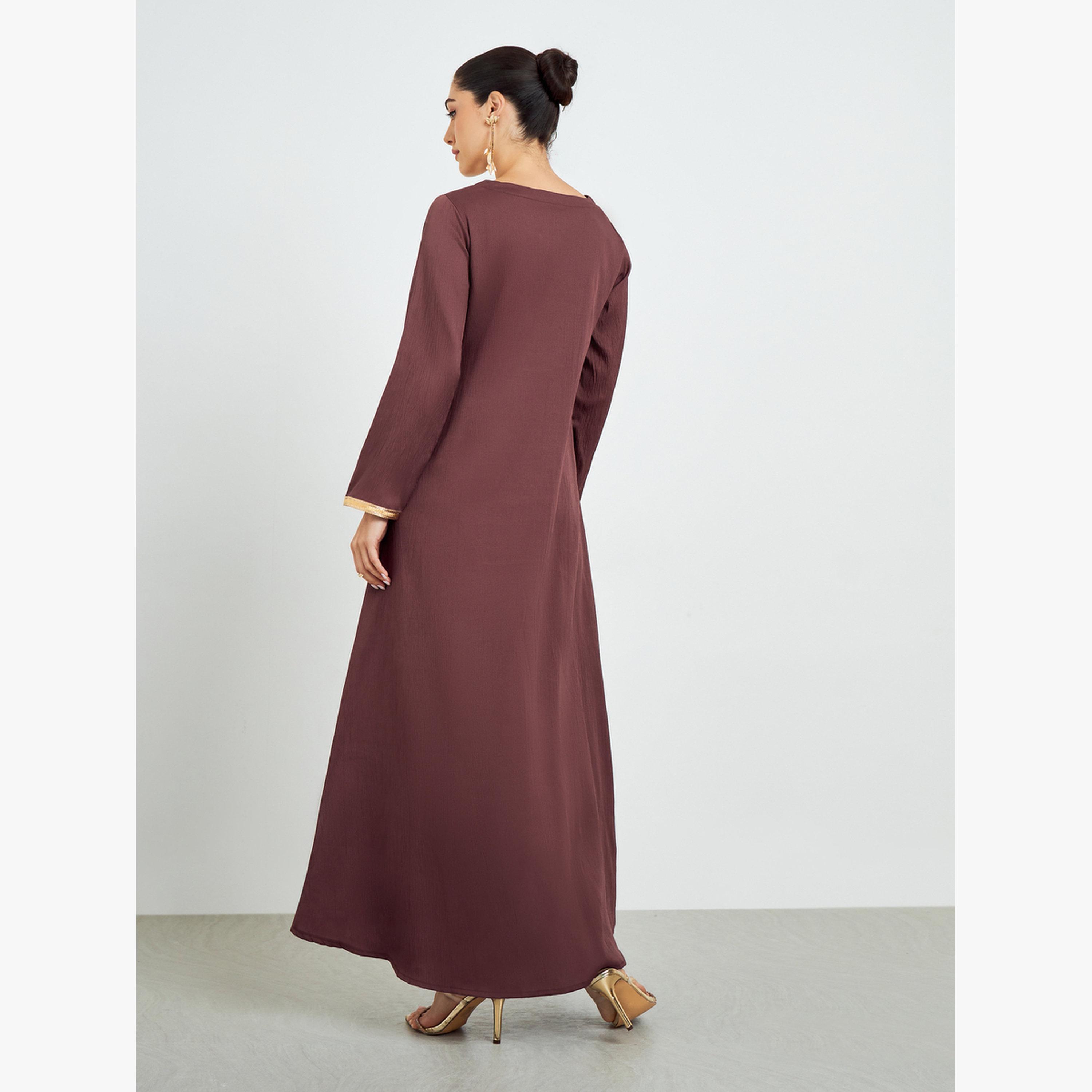Styli Brown Textured Jalabiya with Lace Trim-women-arabicclothing-jalabiyas-image-4