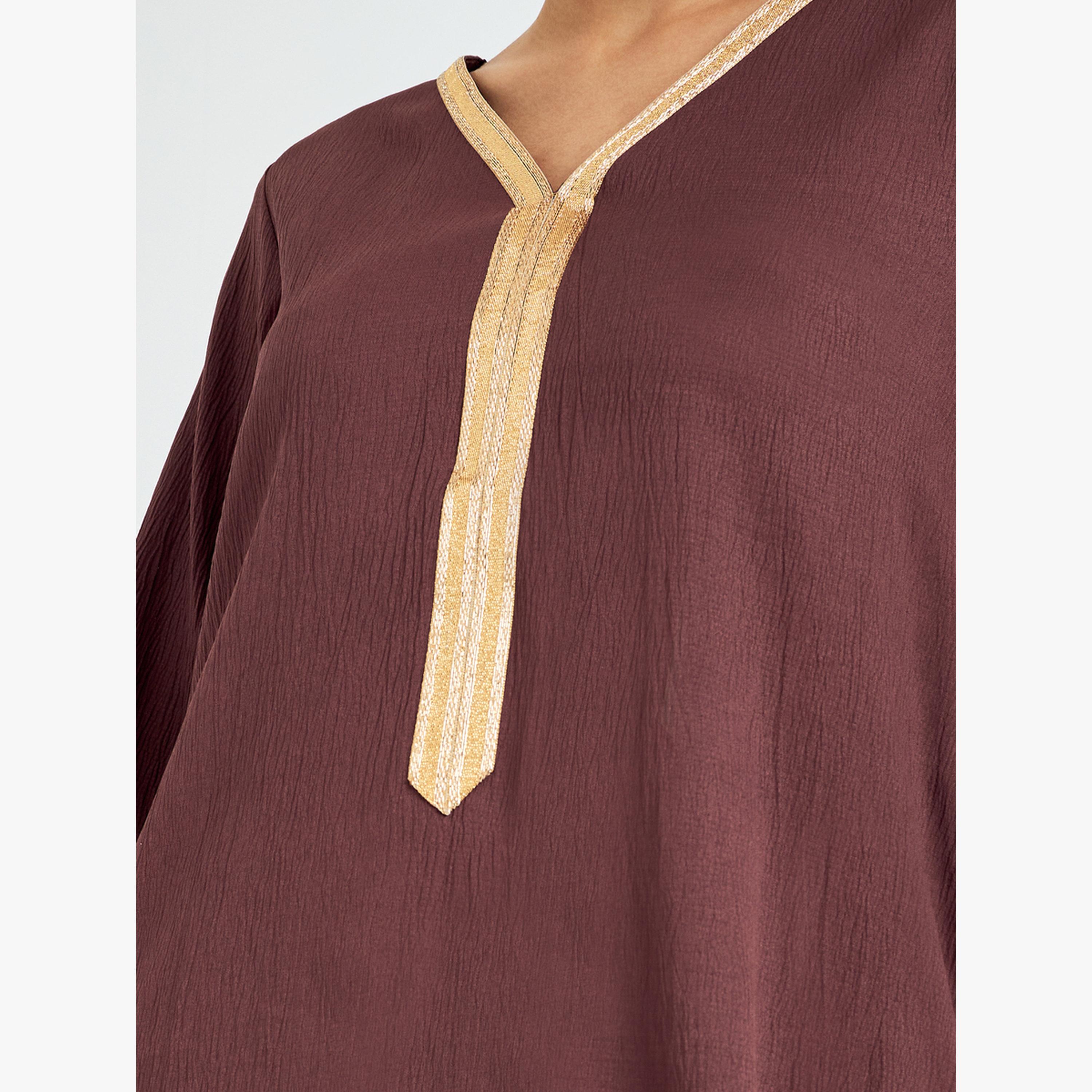 Styli Brown Textured Jalabiya with Lace Trim-women-arabicclothing-jalabiyas-image-5