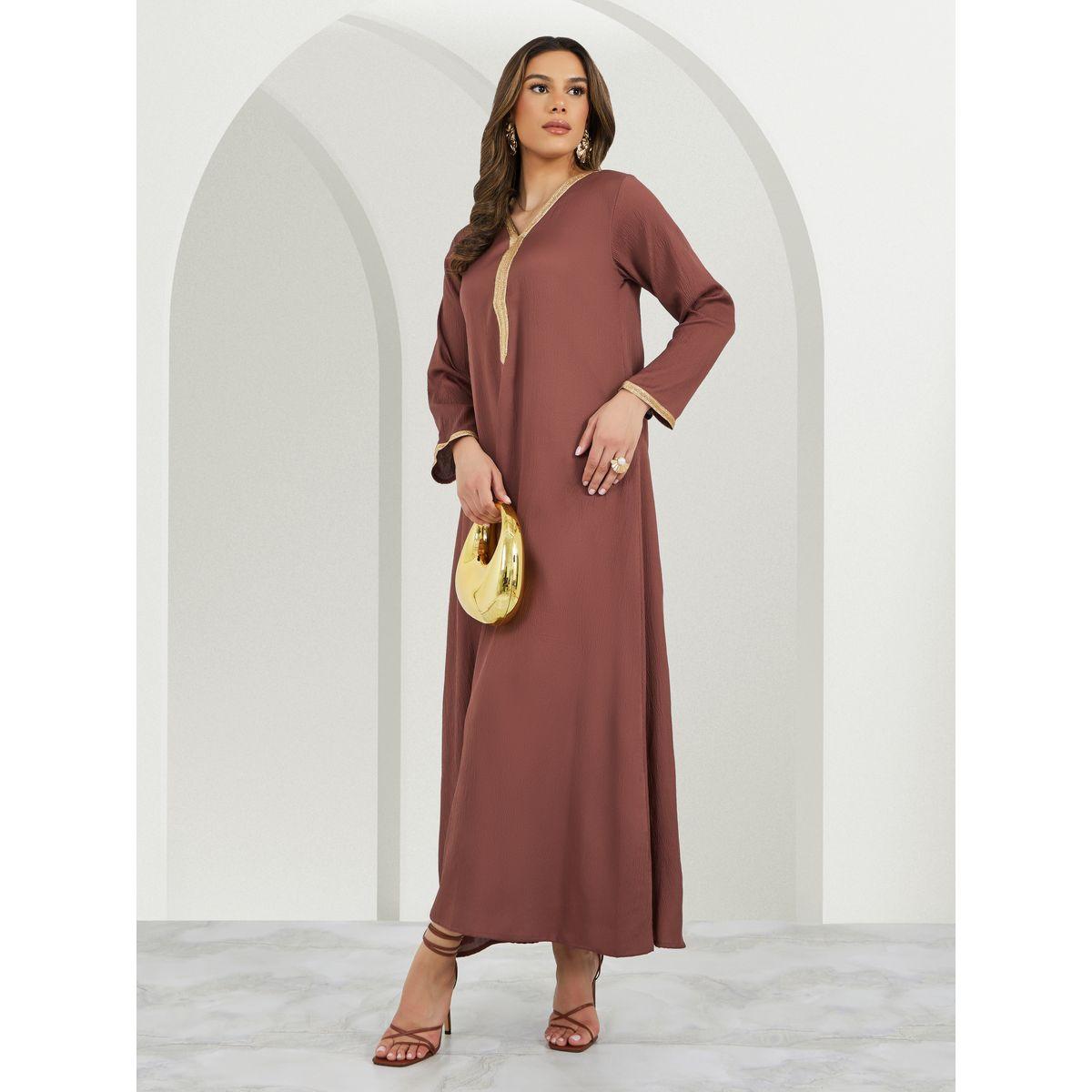 Texture V-Neck A-Line Jalabiya with Lace Detail-women-arabicclothing-jalabiyas-image-1