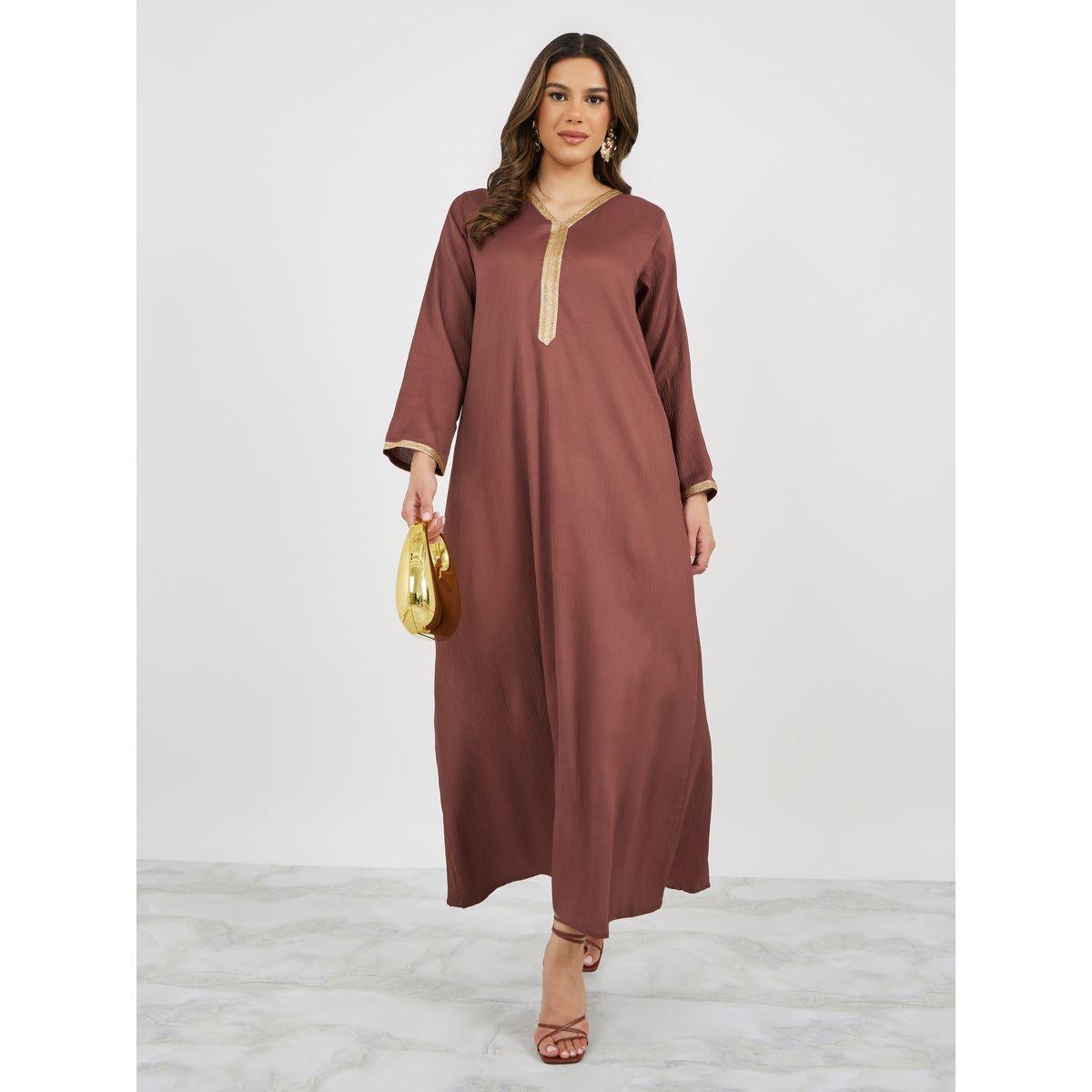 Texture V-Neck A-Line Jalabiya with Lace Detail-women-arabicclothing-jalabiyas-image-2