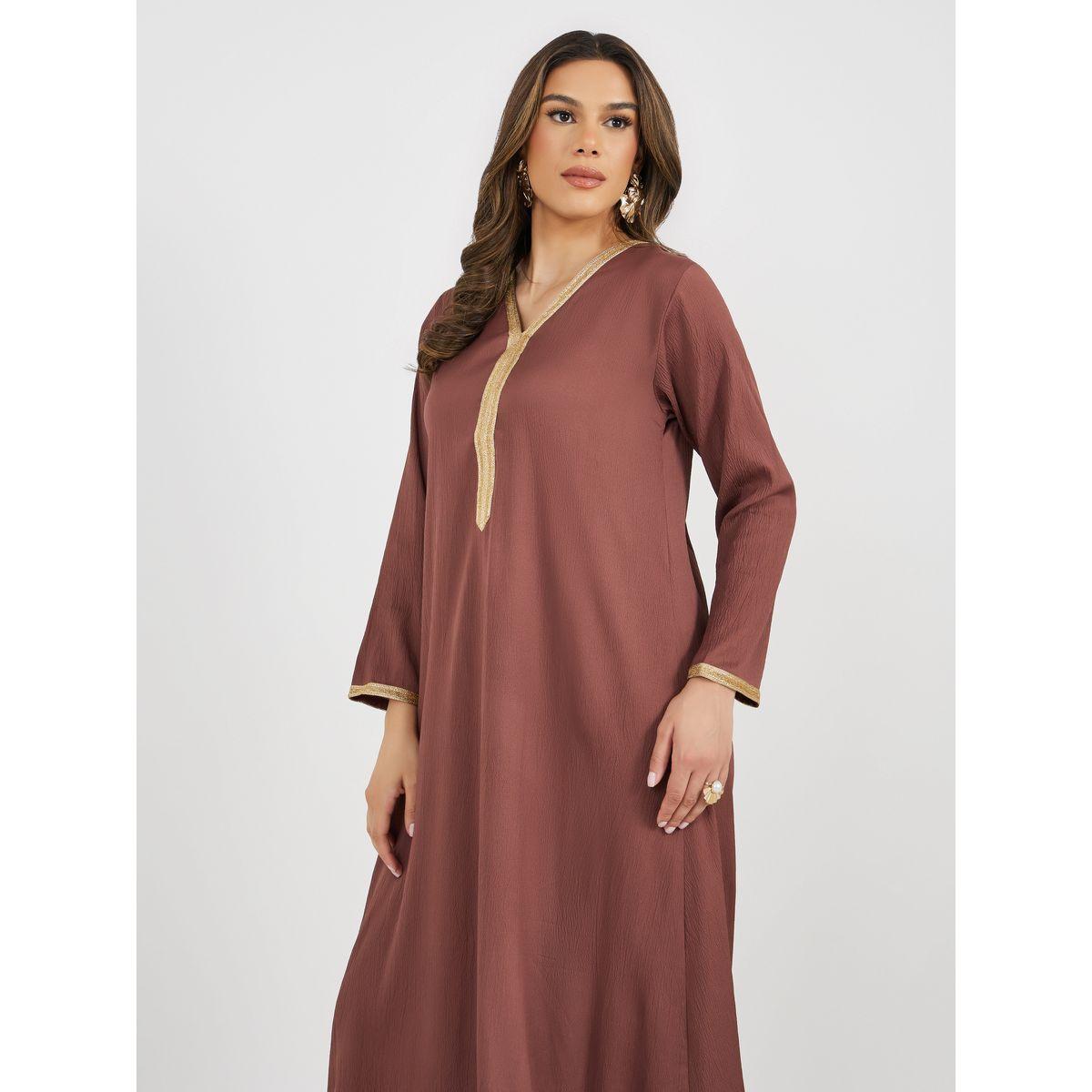 Texture V-Neck A-Line Jalabiya with Lace Detail-women-arabicclothing-jalabiyas-image-3