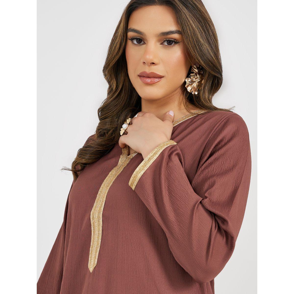 Texture V-Neck A-Line Jalabiya with Lace Detail-women-arabicclothing-jalabiyas-image-5