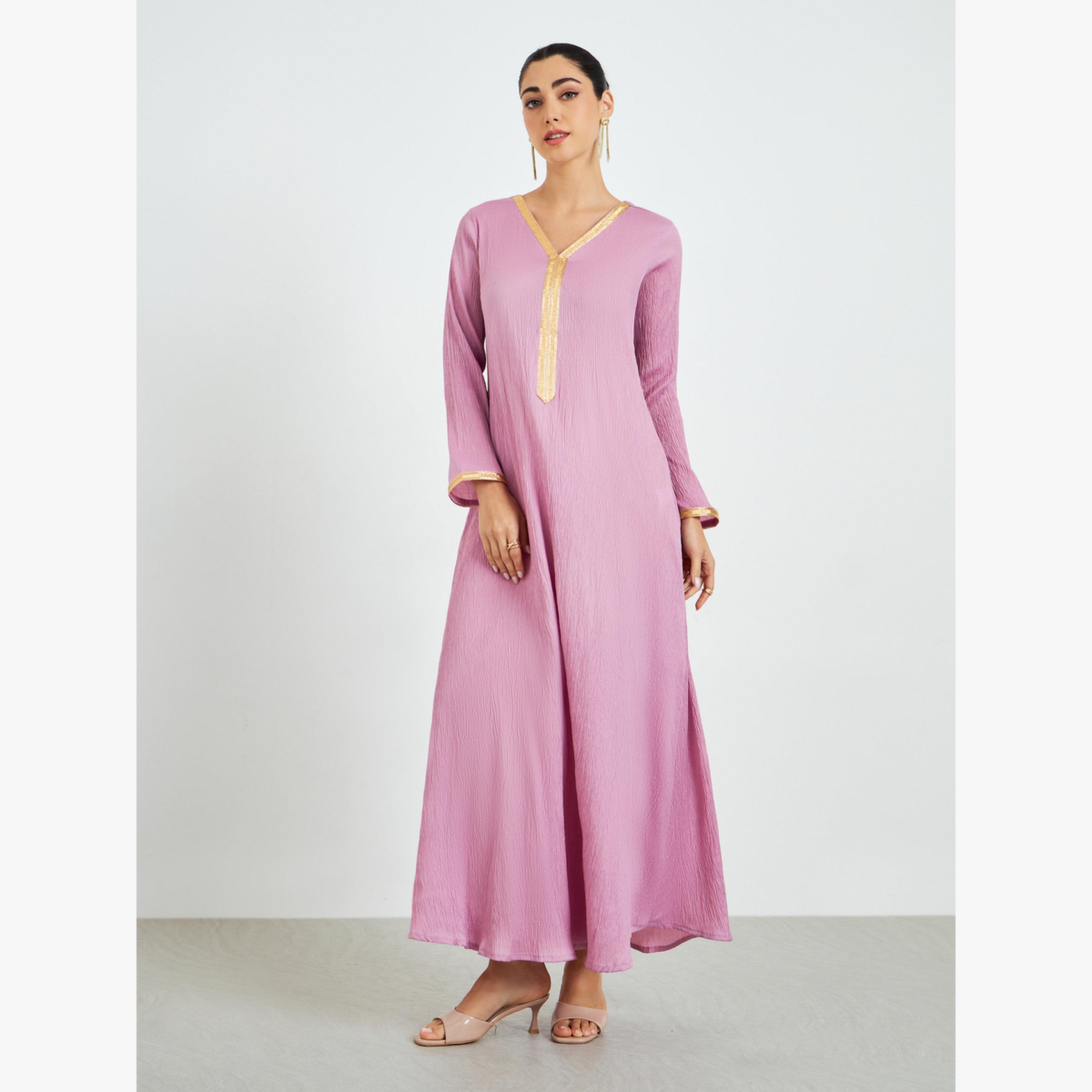 Styli Pink Textured Jalabiya with Lace Trim-women-arabicclothing-jalabiyas-image-1