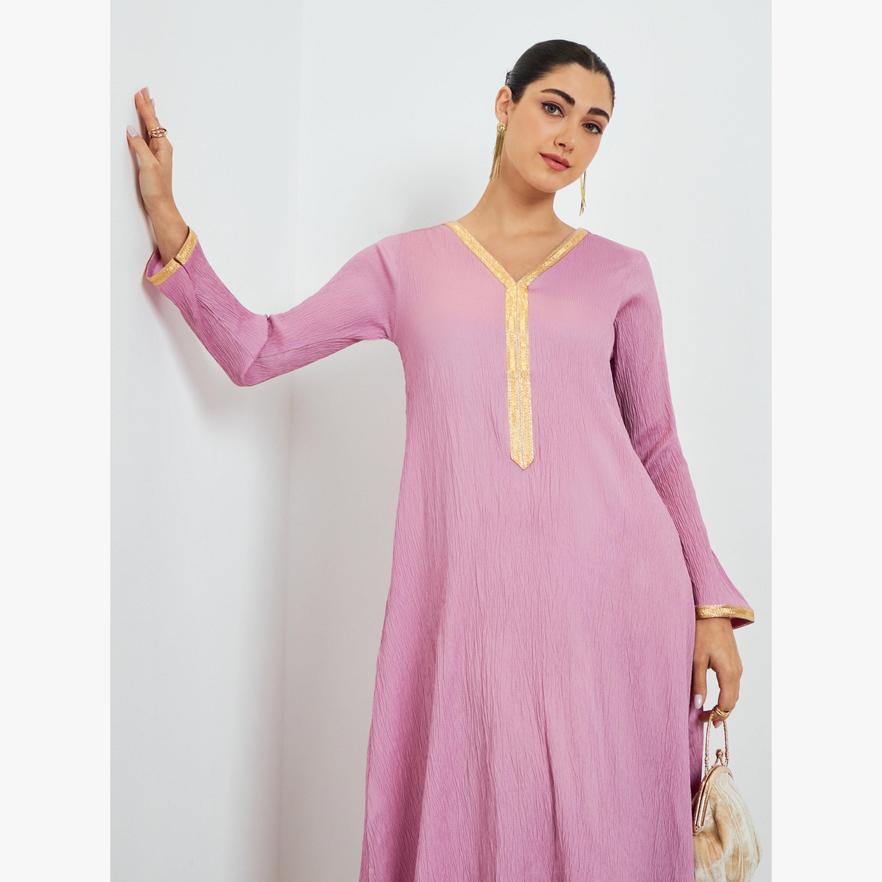 Styli Pink Textured Jalabiya with Lace Trim-women-arabicclothing-jalabiyas-image-2