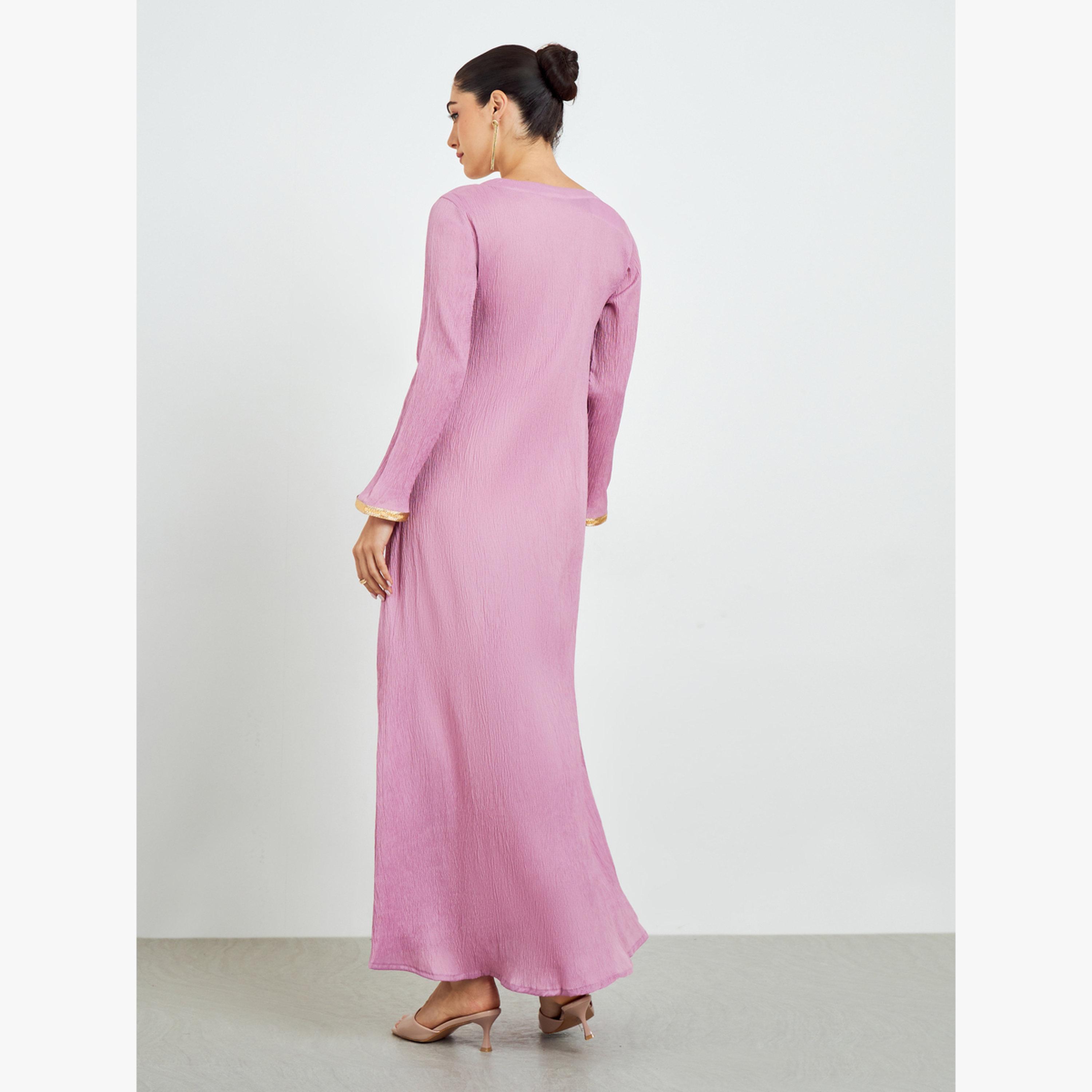 Styli Pink Textured Jalabiya with Lace Trim-women-arabicclothing-jalabiyas-image-4