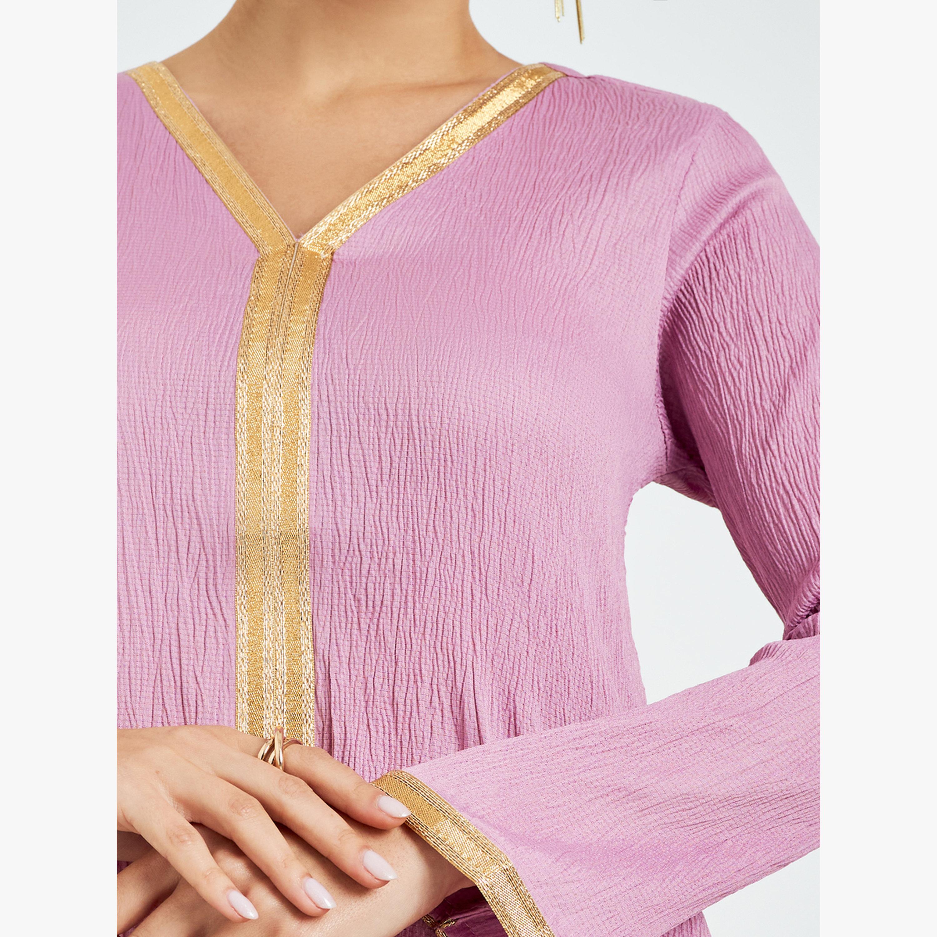 Styli Pink Textured Jalabiya with Lace Trim-women-arabicclothing-jalabiyas-image-5
