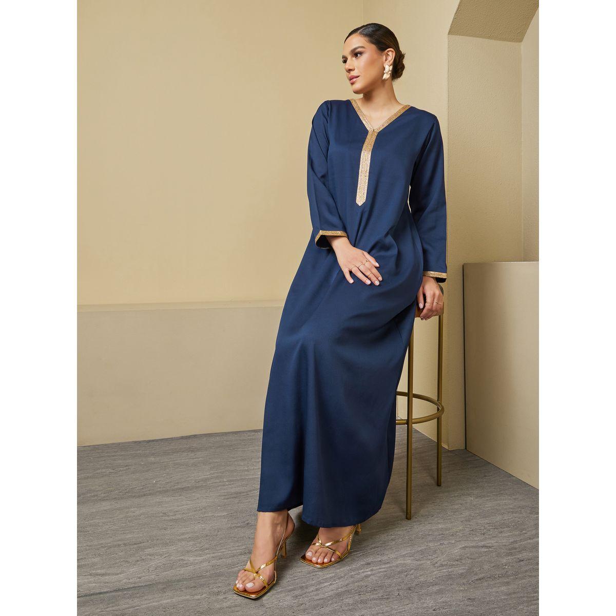 Texture V-Neck A-Line Jalabiya with Lace Detail-women-arabicclothing-jalabiyas-image-1