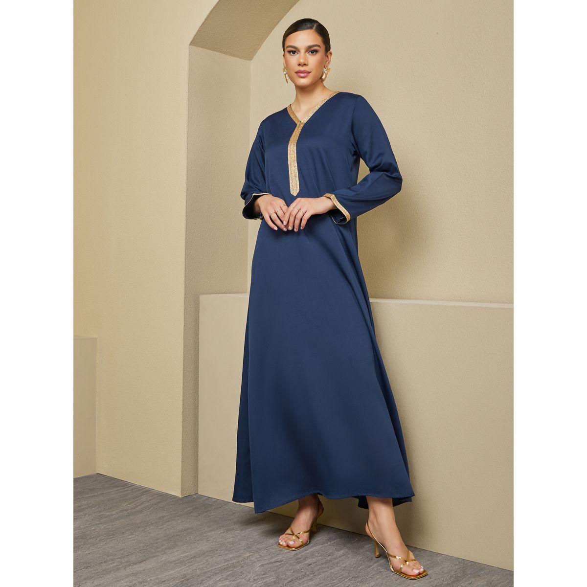 Texture V-Neck A-Line Jalabiya with Lace Detail-women-arabicclothing-jalabiyas-image-2