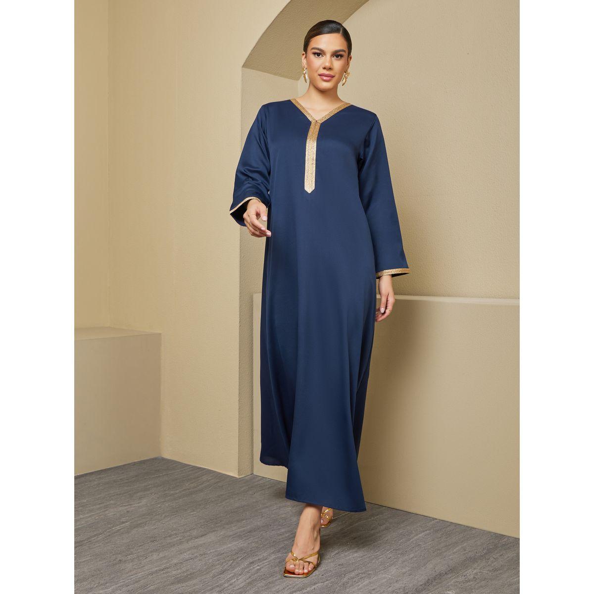 Texture V-Neck A-Line Jalabiya with Lace Detail-women-arabicclothing-jalabiyas-image-3