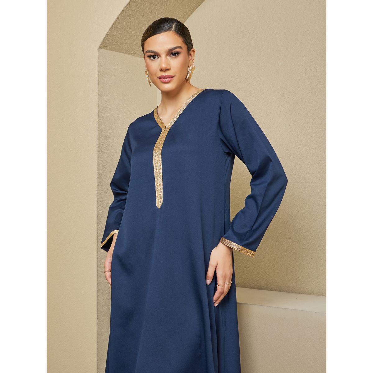 Texture V-Neck A-Line Jalabiya with Lace Detail-women-arabicclothing-jalabiyas-image-4