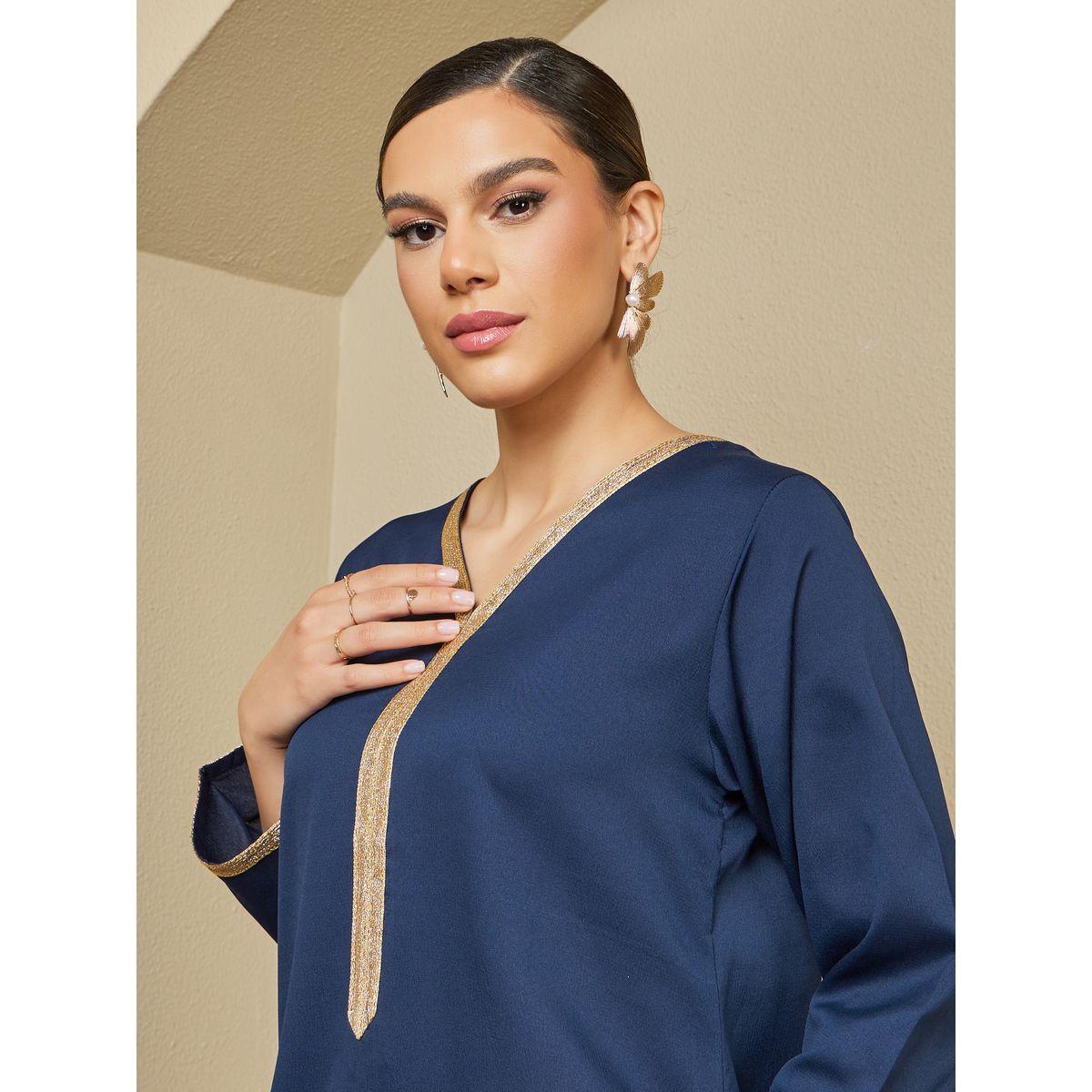 Texture V-Neck A-Line Jalabiya with Lace Detail-women-arabicclothing-jalabiyas-image-5