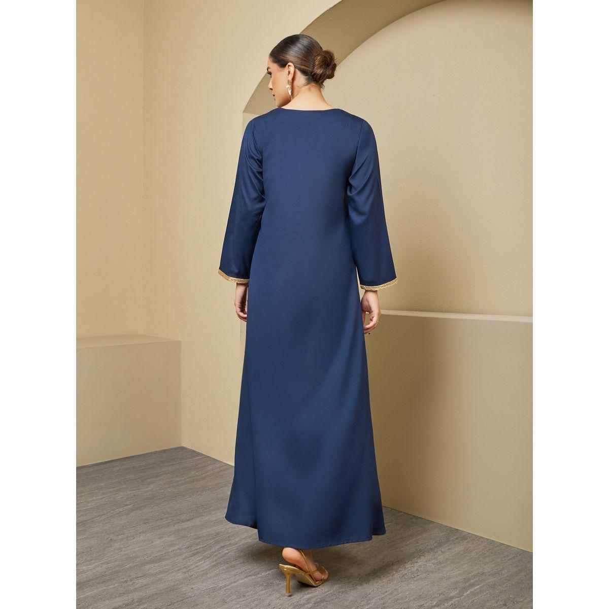 Texture V-Neck A-Line Jalabiya with Lace Detail-women-arabicclothing-jalabiyas-image-7