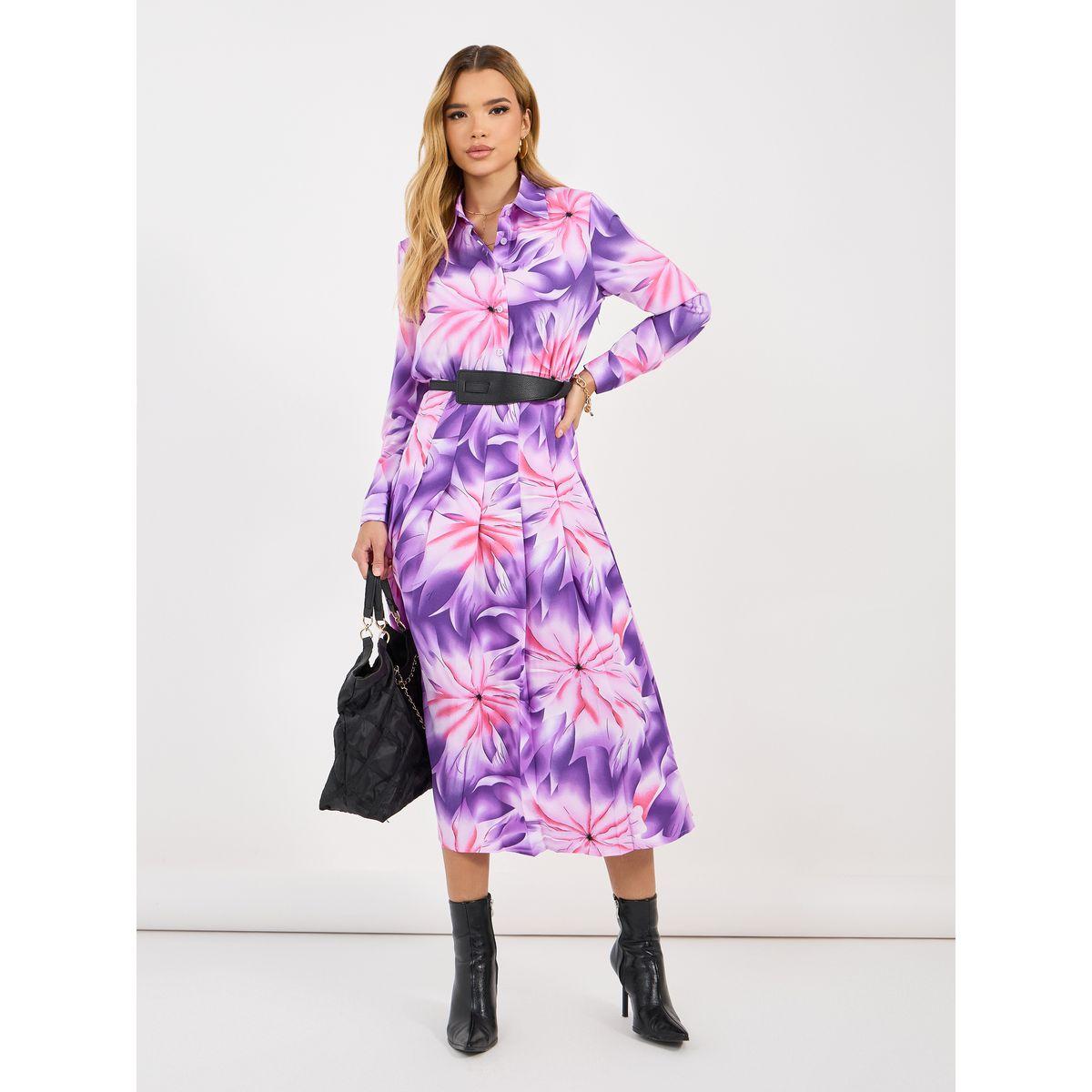 فستان ميدي بطبعة زهور وأكمام طويلة-women-clothing-dresses-image-1