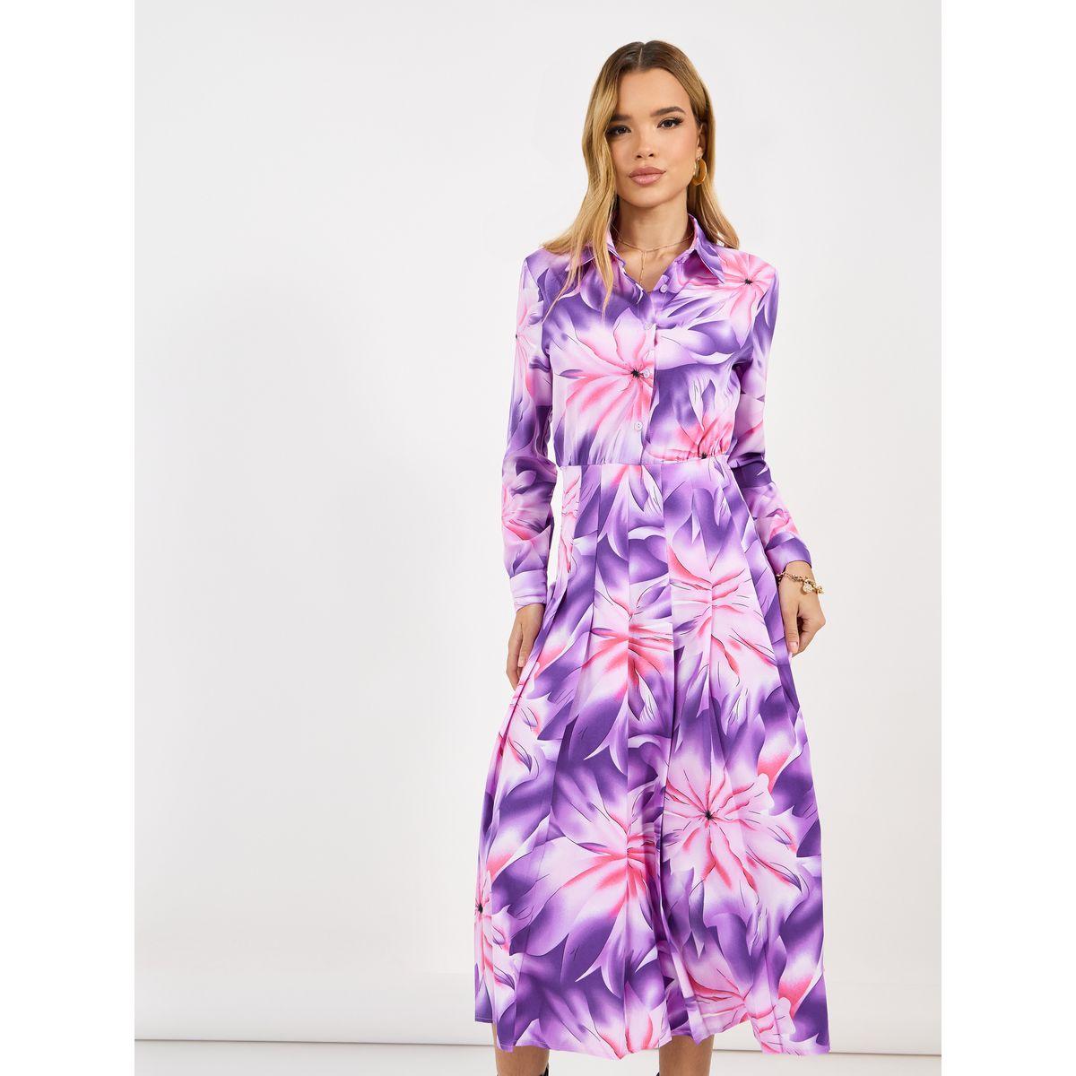 فستان ميدي بطبعة زهور وأكمام طويلة-women-clothing-dresses-image-2
