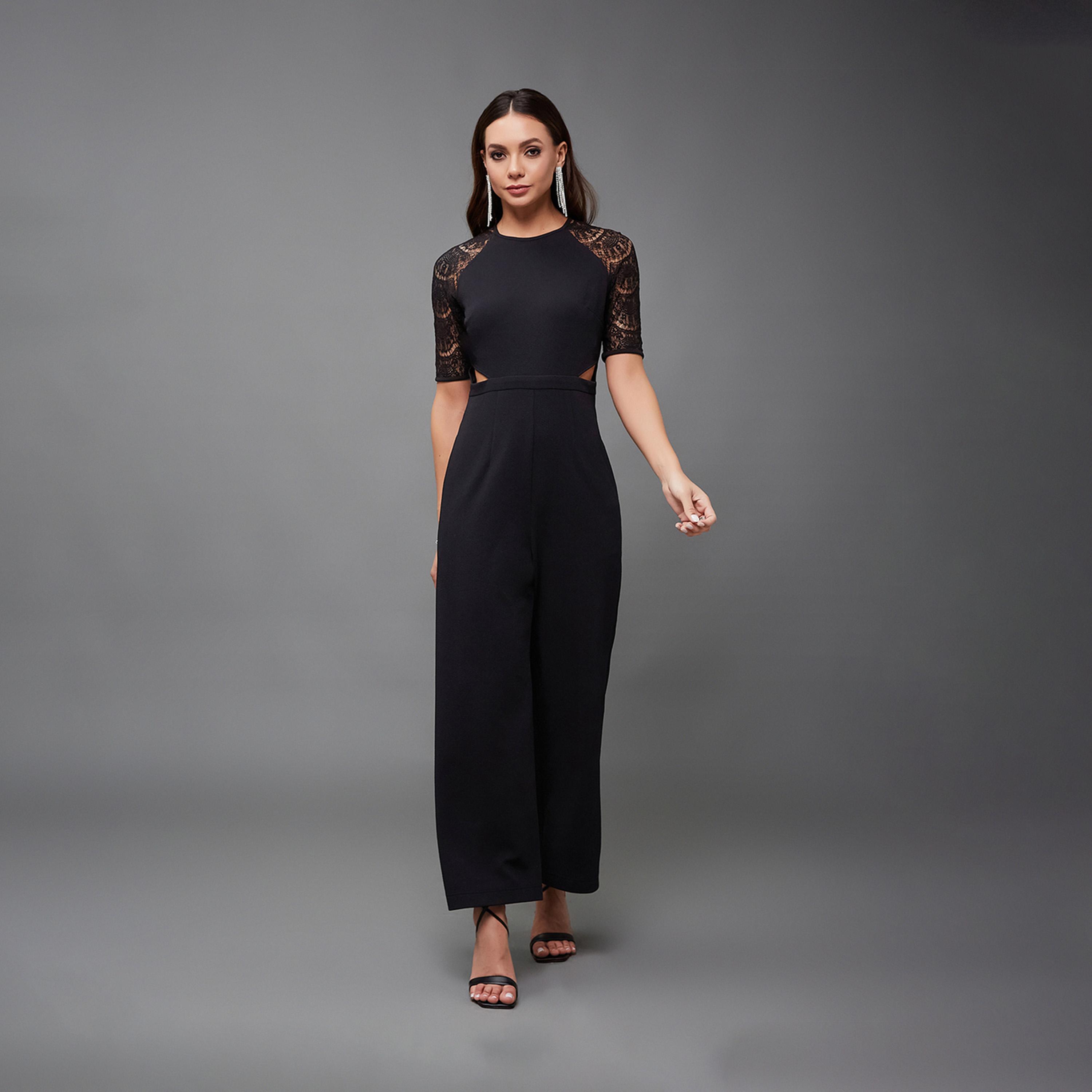 Styli Lace Insert Round Neck Wide Leg Jumpsuit With Cut-Out Detail-women-clothing-jumpsuits-image-1