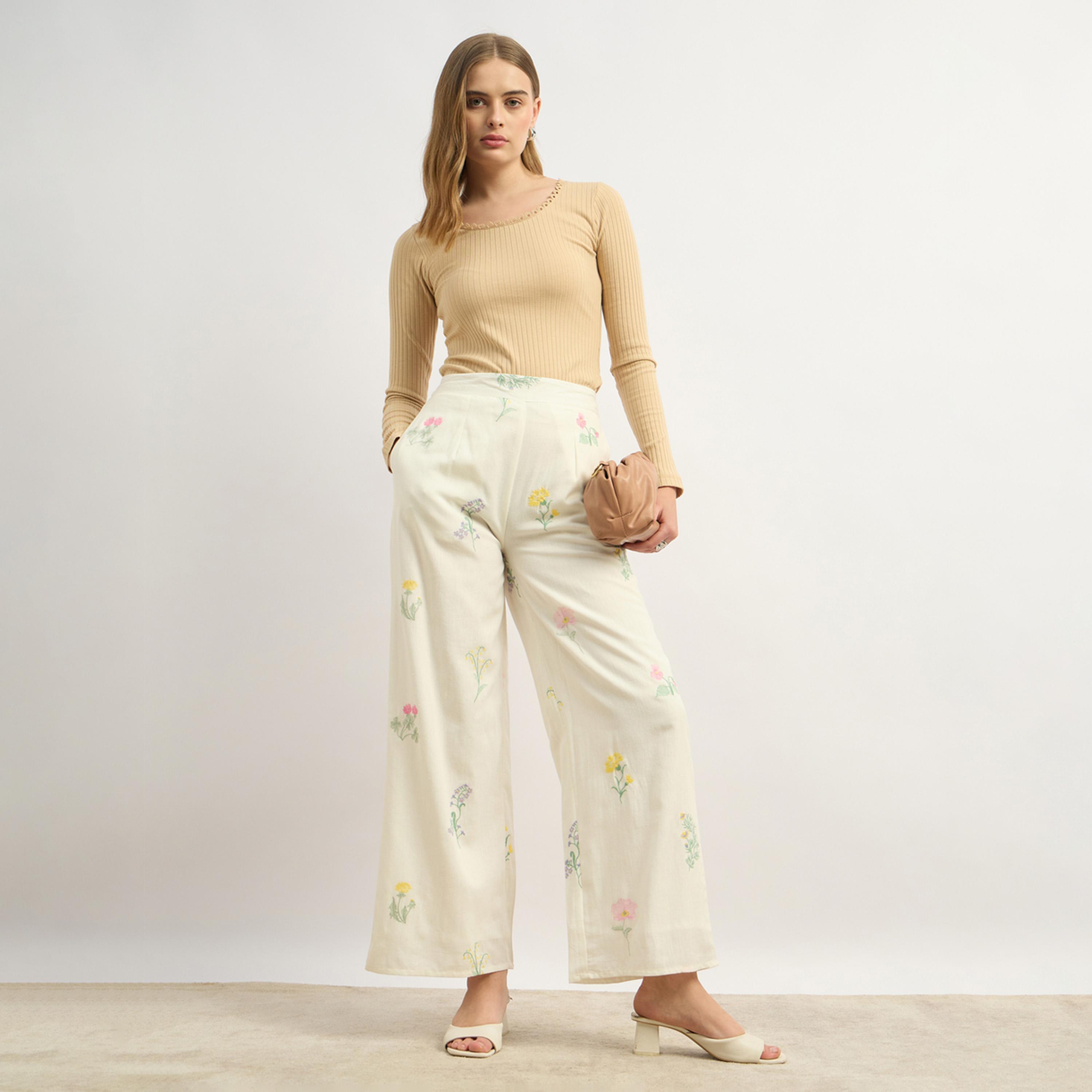 Styli Floral Embroidered Wide Leg Pants with Side Zip Closure-women-clothing-bottoms-trousers-image-1