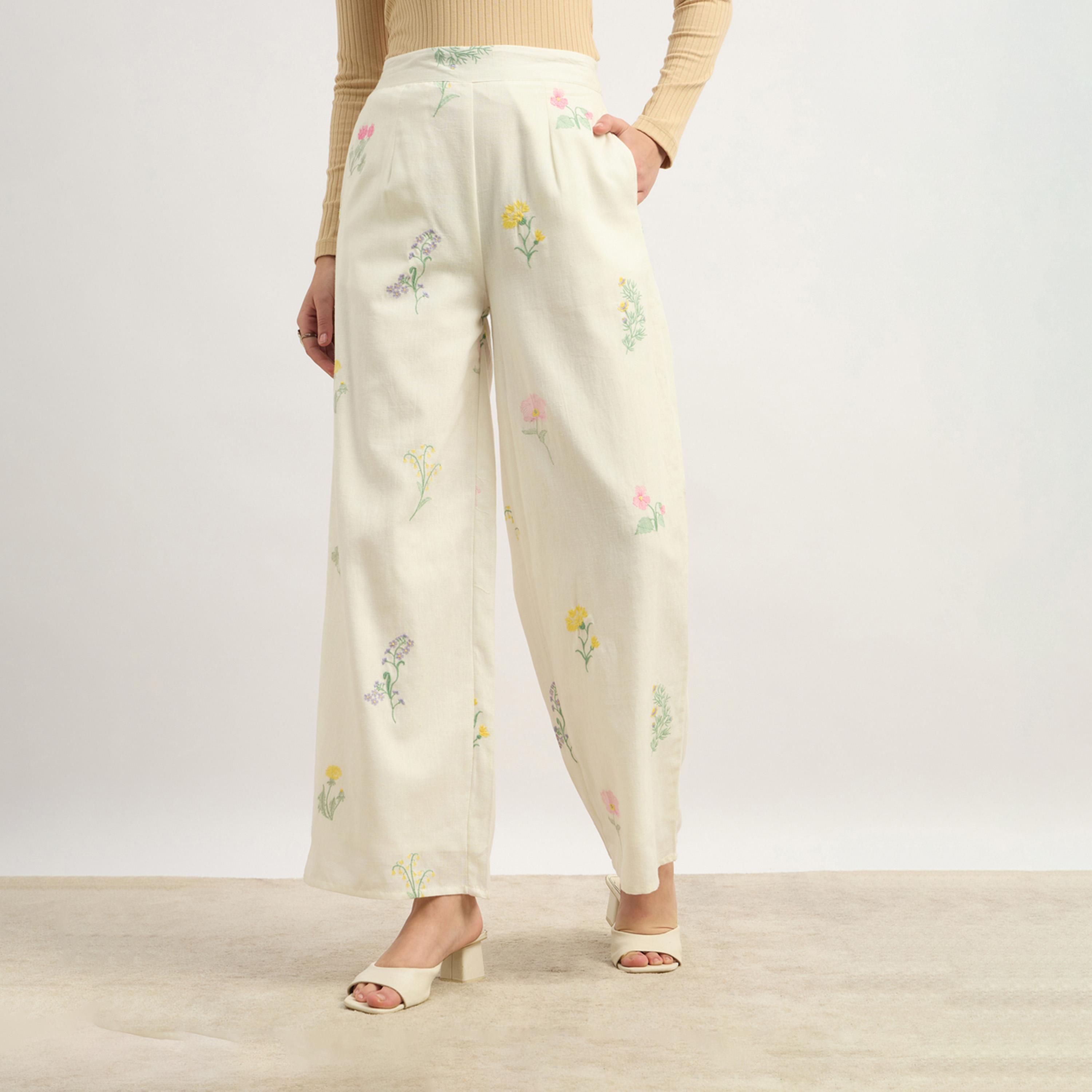 Styli Floral Embroidered Wide Leg Pants with Side Zip Closure-women-clothing-bottoms-trousers-image-2