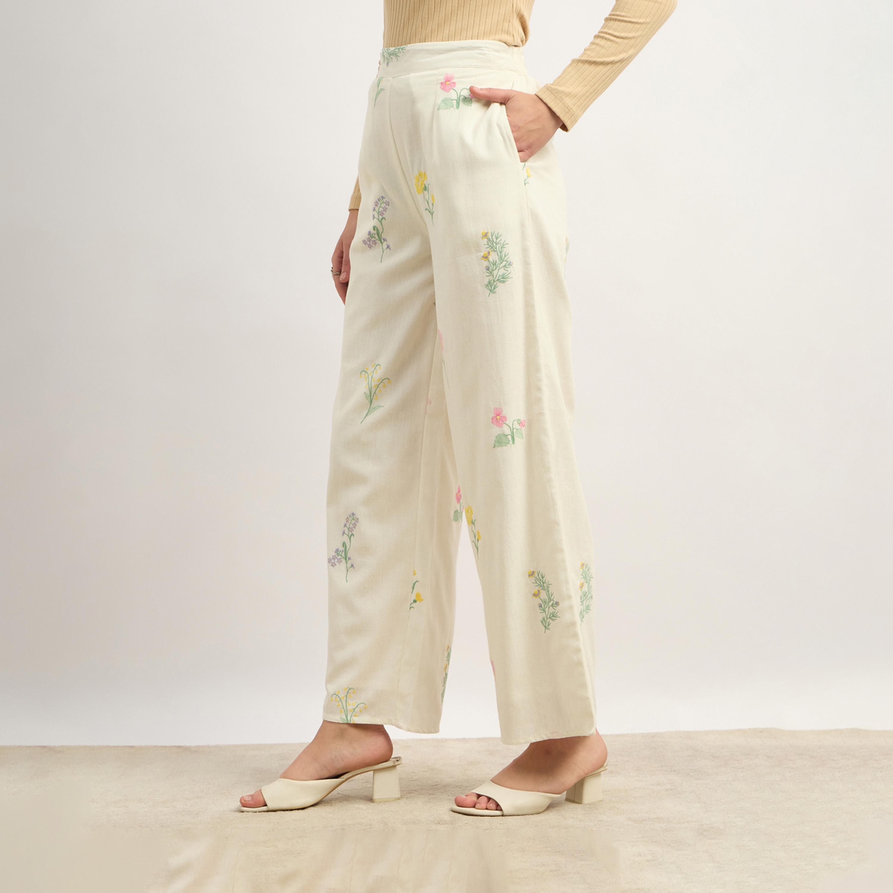 Styli Floral Embroidered Wide Leg Pants with Side Zip Closure-women-clothing-bottoms-trousers-image-3