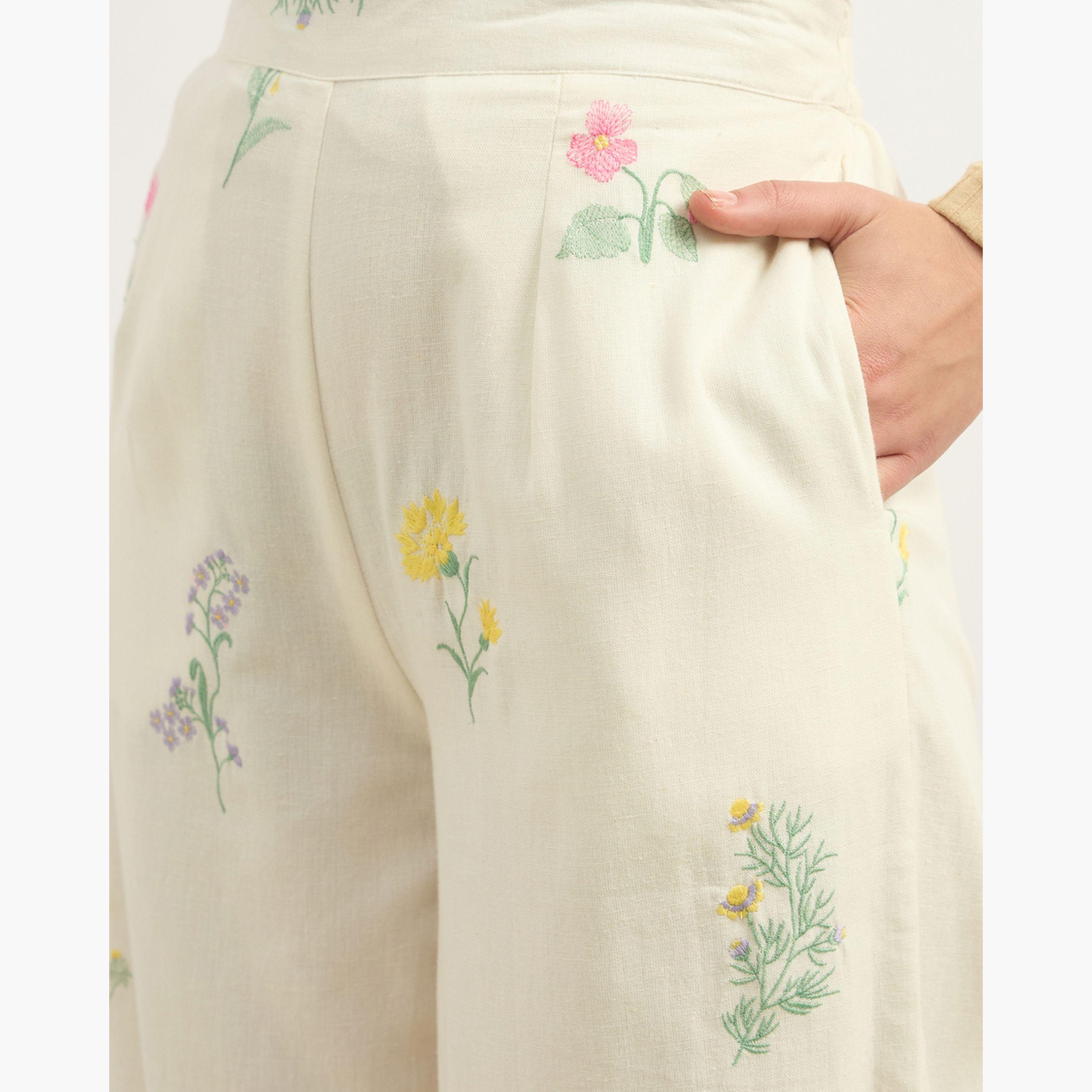 Styli Floral Embroidered Wide Leg Pants with Side Zip Closure-women-clothing-bottoms-trousers-image-4