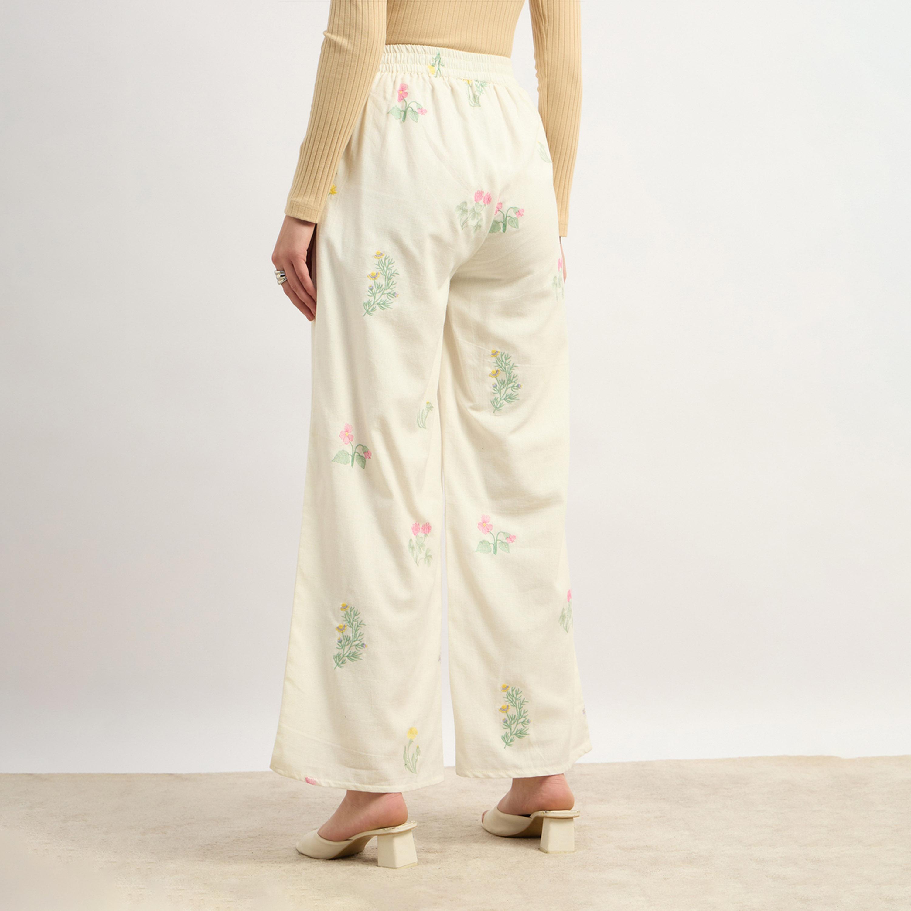 Styli Floral Embroidered Wide Leg Pants with Side Zip Closure-women-clothing-bottoms-trousers-image-5