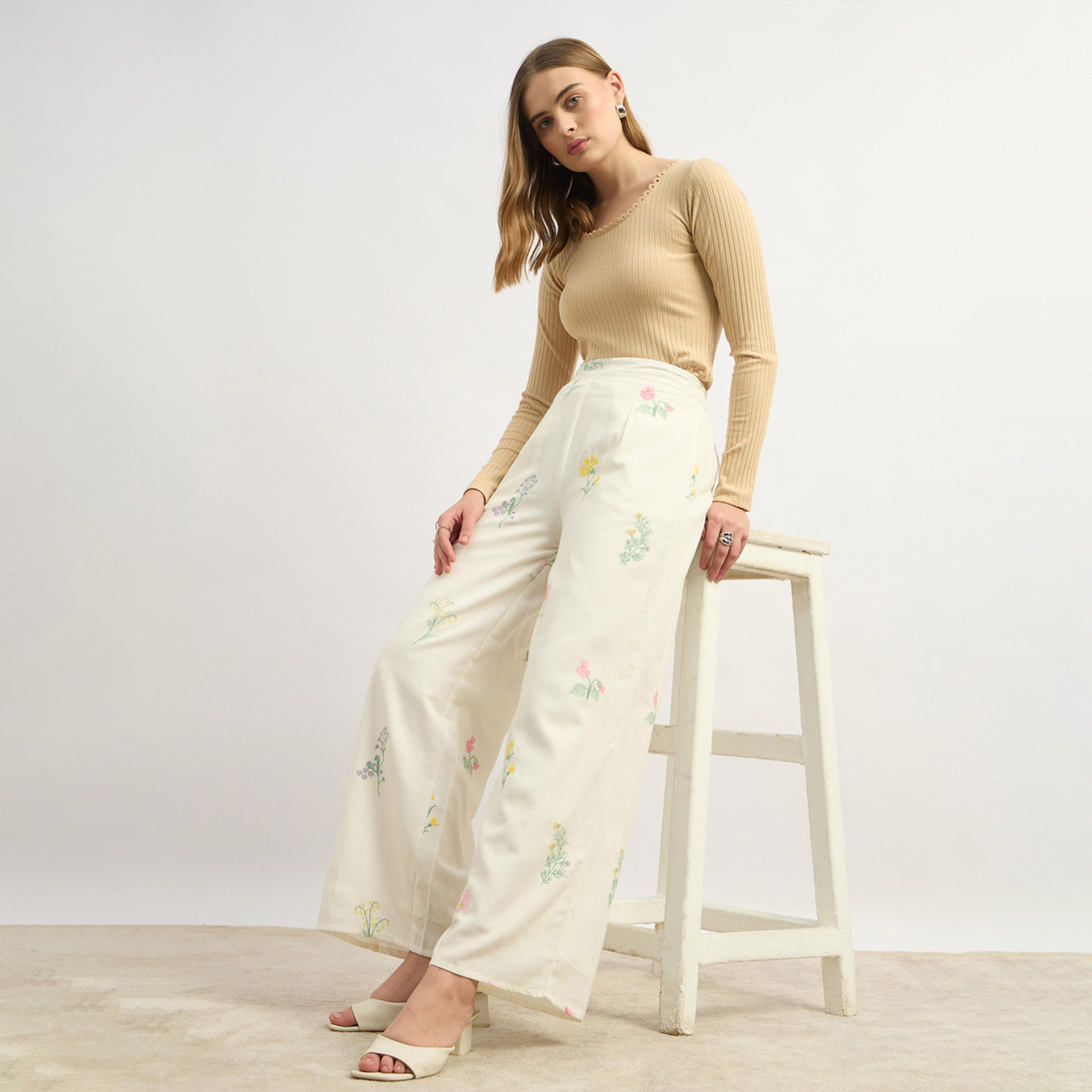 Styli Floral Embroidered Wide Leg Pants with Side Zip Closure-women-clothing-bottoms-trousers-image-6