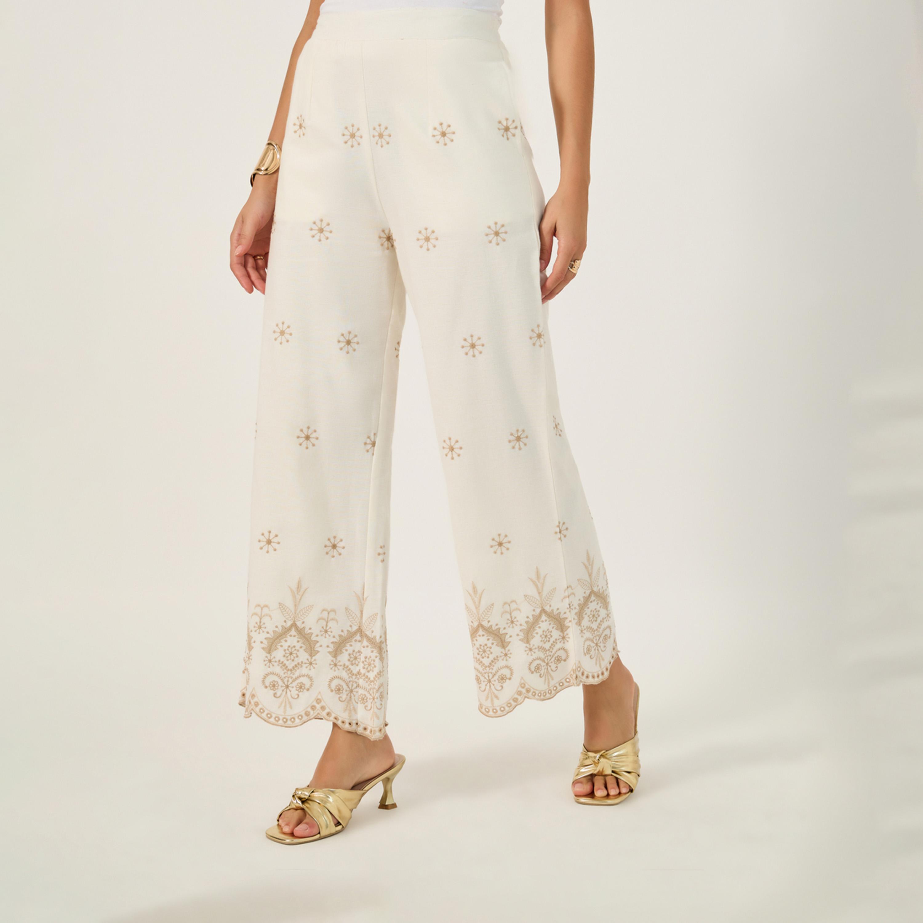 Styli Embroidered Mid Rise Relaxed Fit Pants With Scalloped Hem-women-clothing-bottoms-trousers-image-1