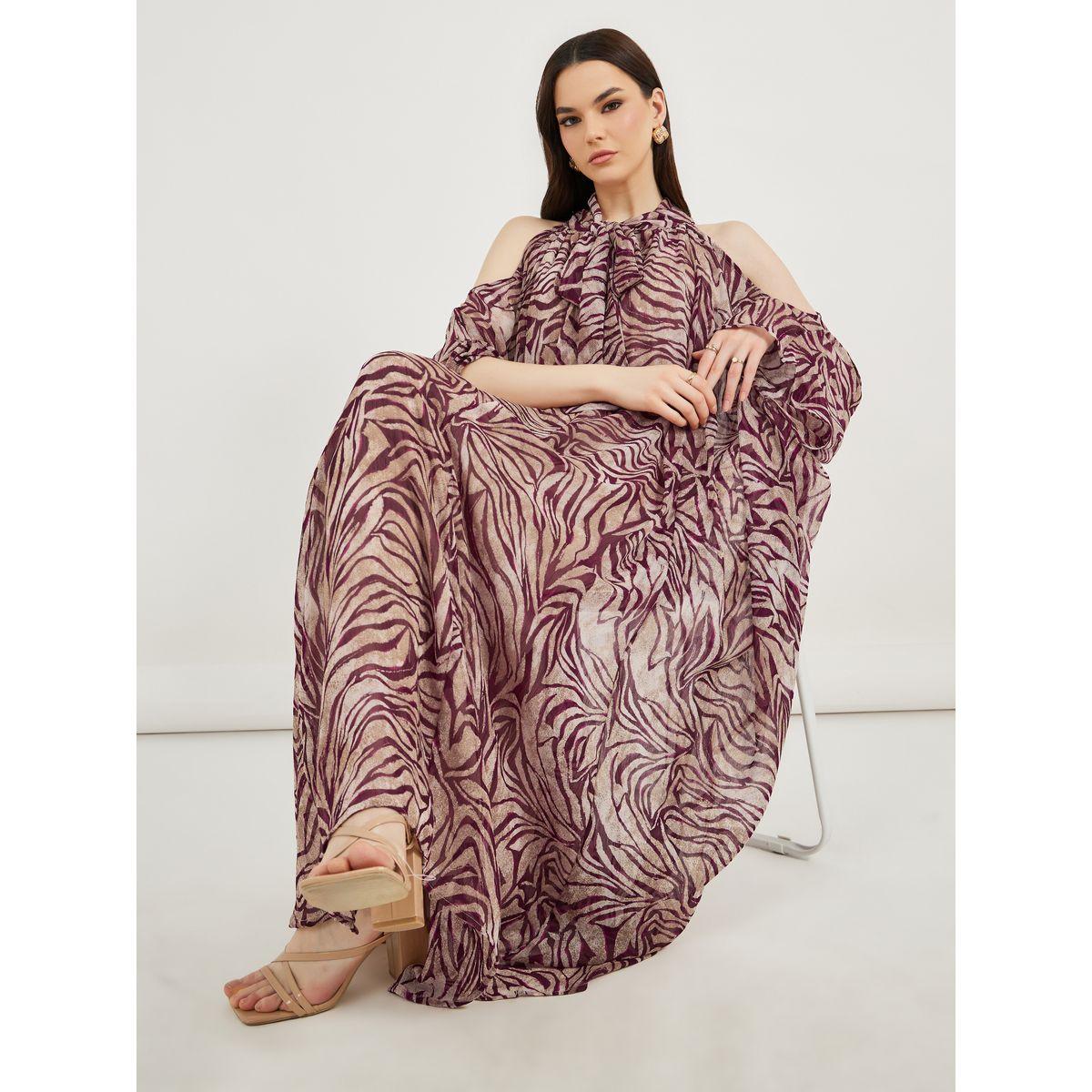 فستان كفتان ماكسي بطبعات كاملة وياقة مربوطة-women-clothing-dresses-image-1